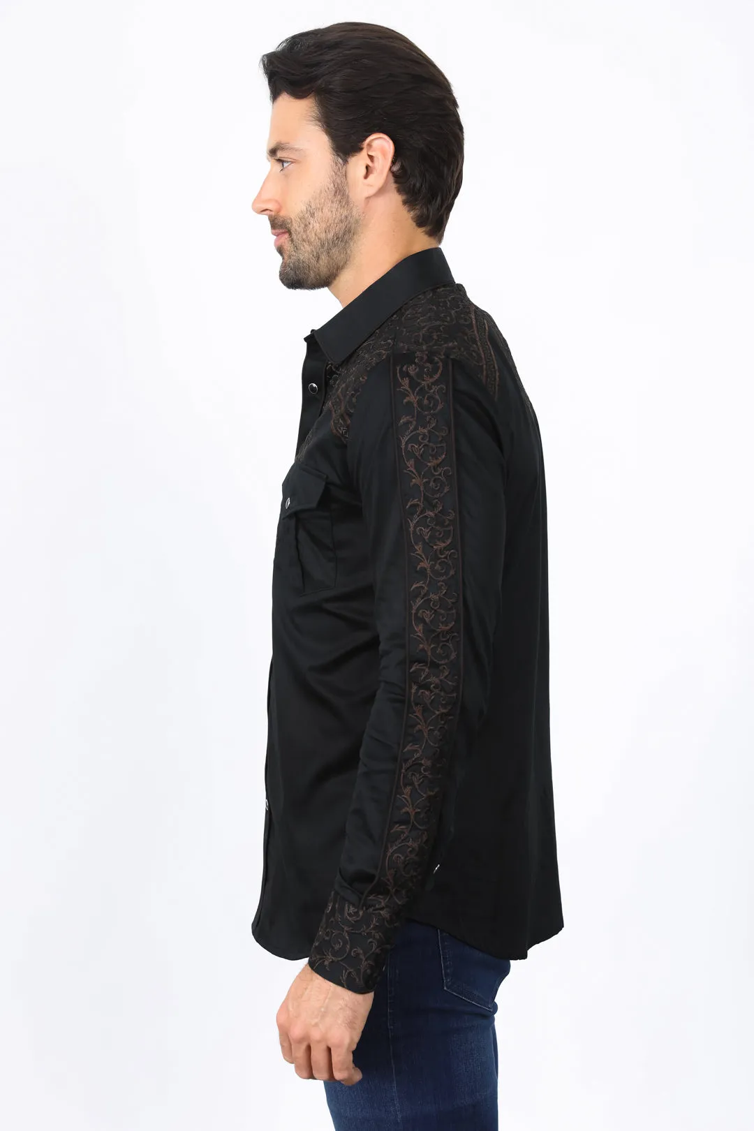 Mens Embroidery Modern Fit Stretch Black/Brown Long Sleeve Shirt