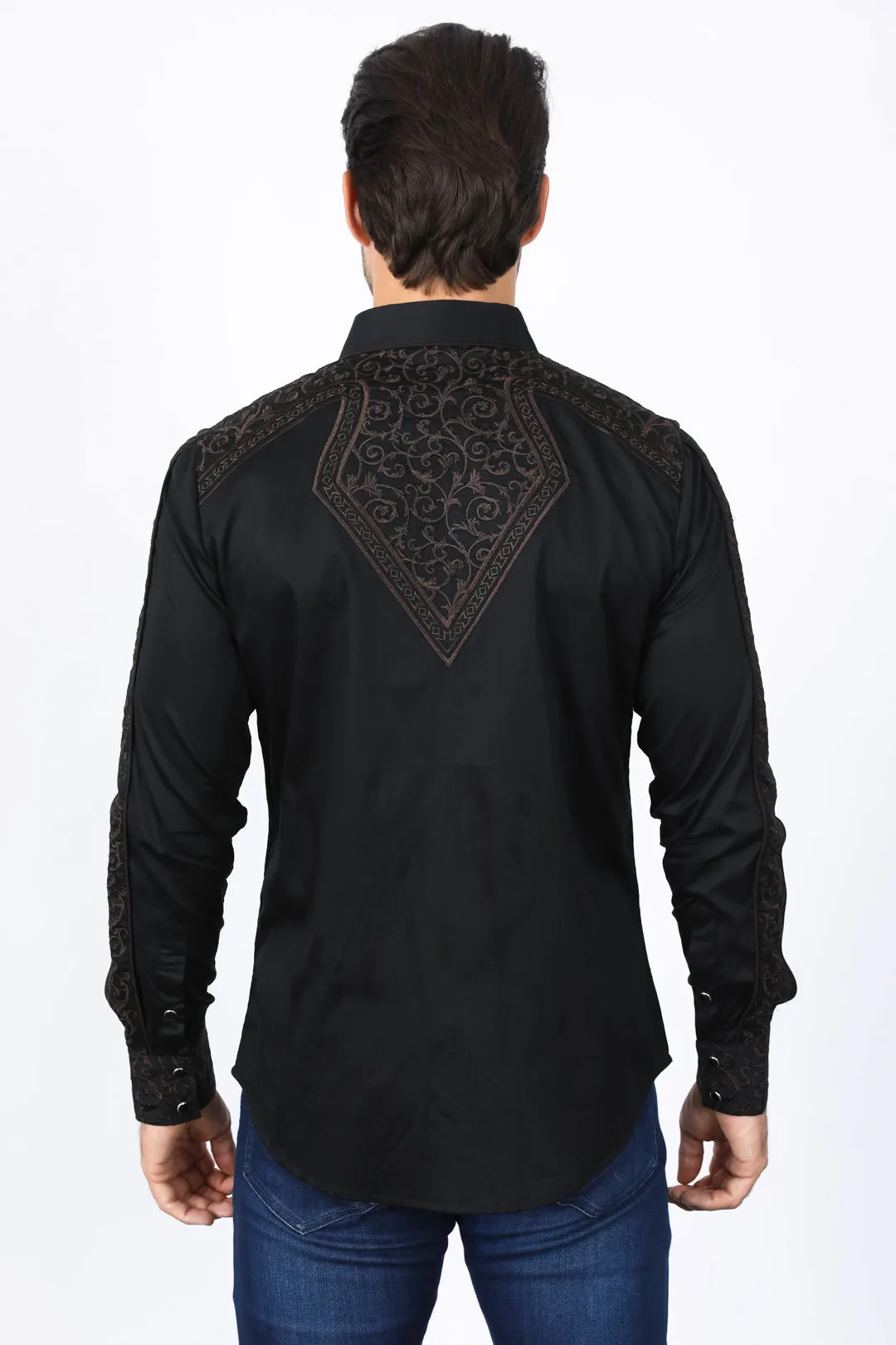 Mens Embroidery Modern Fit Stretch Black/Brown Long Sleeve Shirt