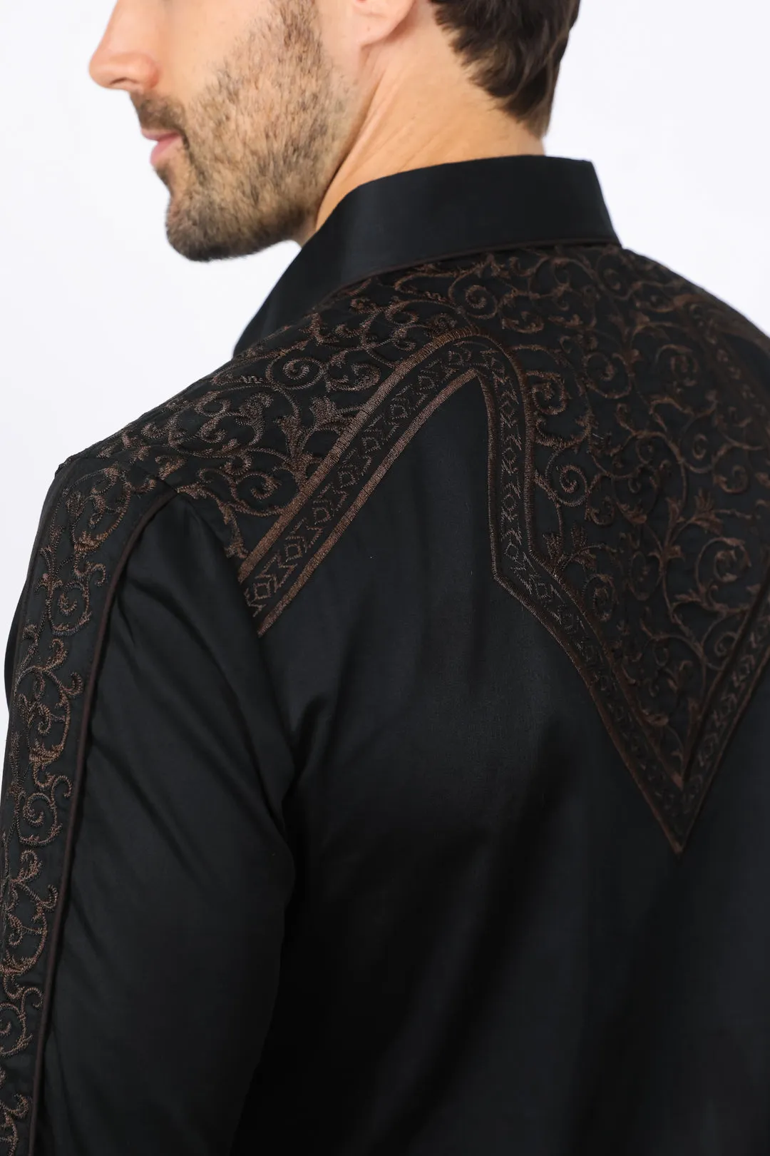 Mens Embroidery Modern Fit Stretch Black/Brown Long Sleeve Shirt