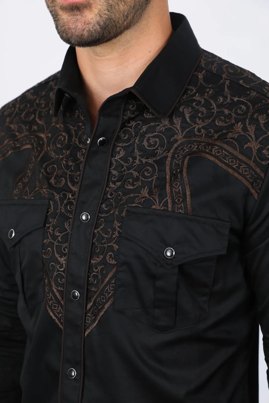 Mens Embroidery Modern Fit Stretch Black/Brown Long Sleeve Shirt