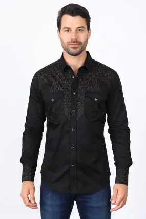 Mens Embroidery Modern Fit Stretch Black/Brown Long Sleeve Shirt