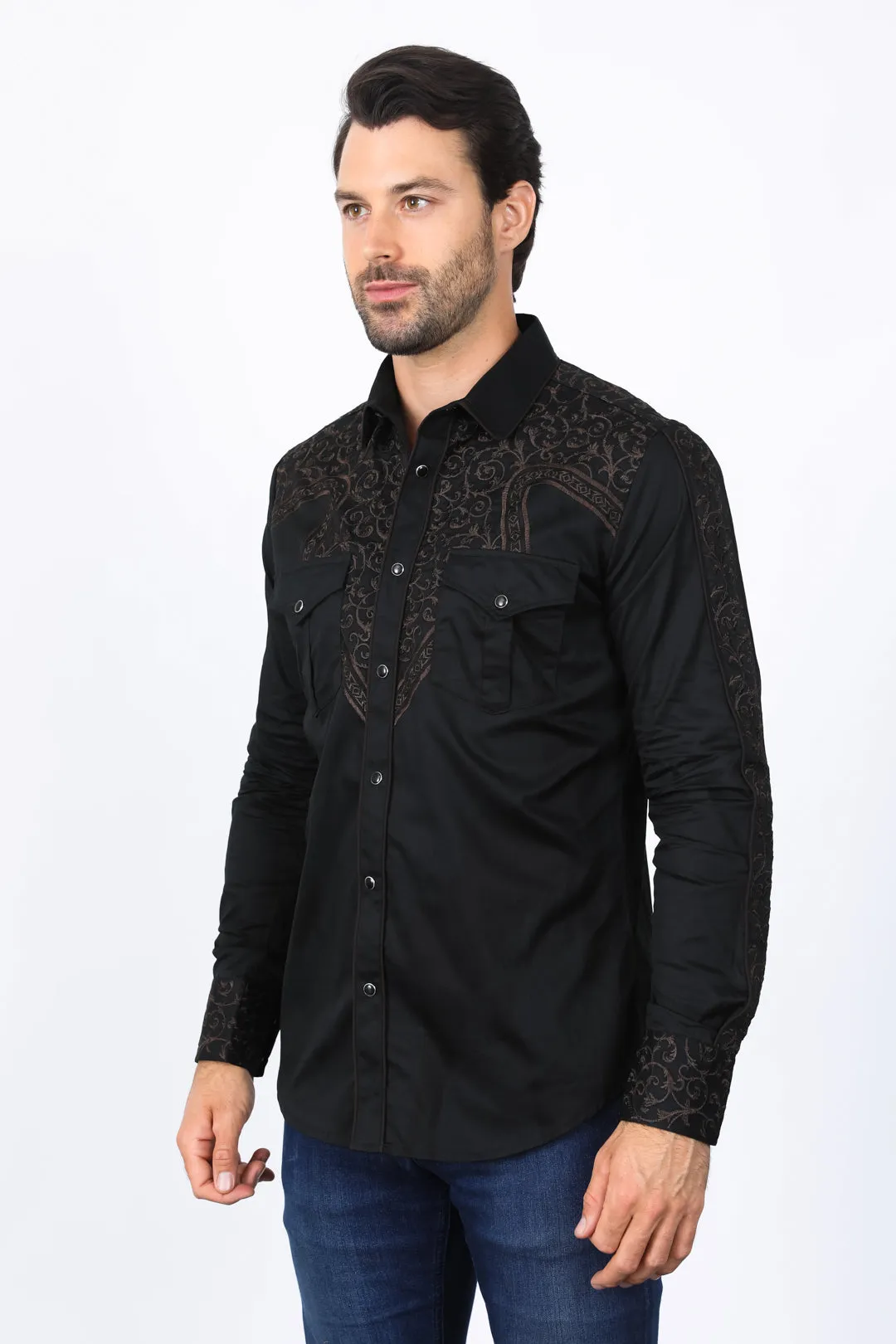 Mens Embroidery Modern Fit Stretch Black/Brown Long Sleeve Shirt