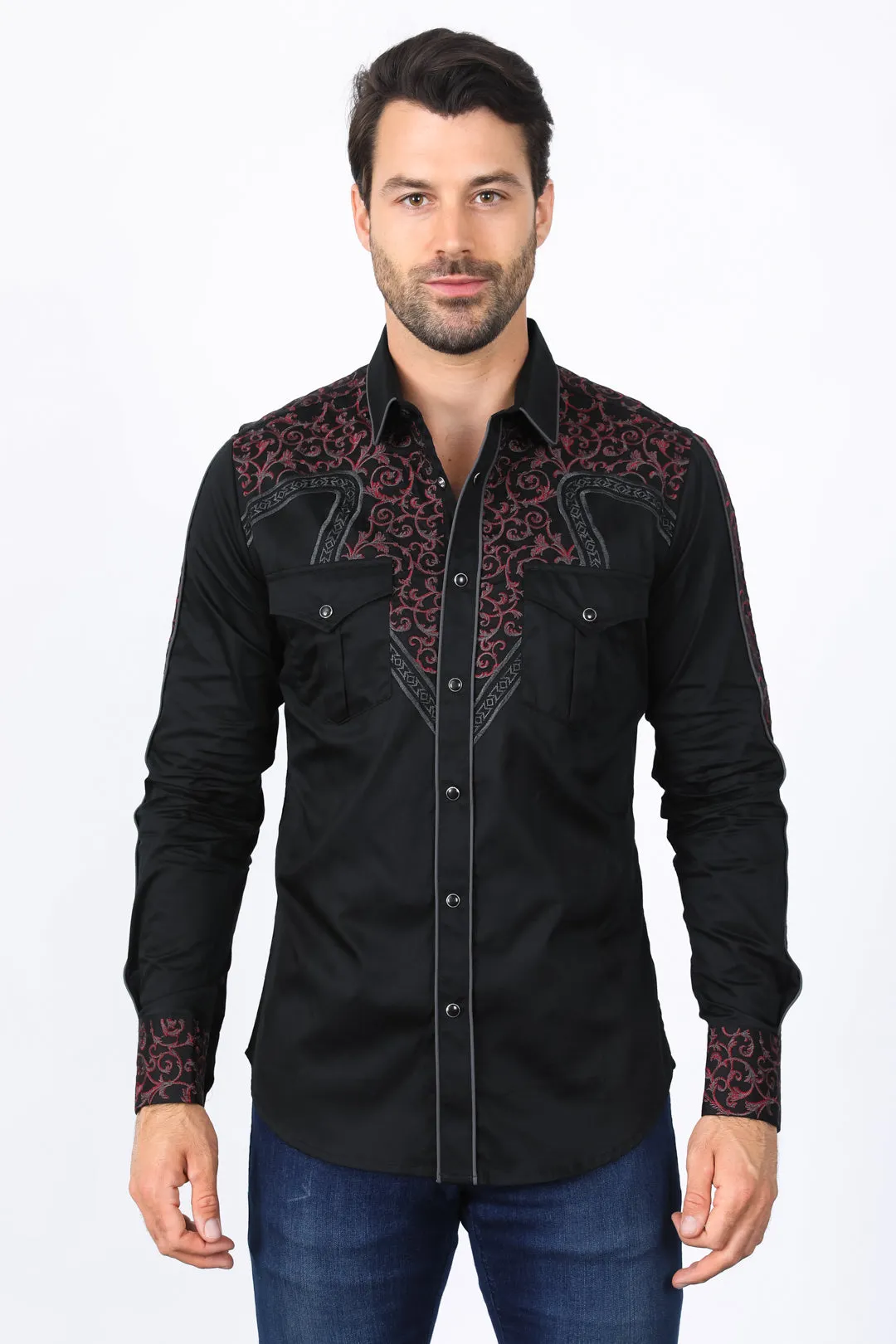 Mens Embroidery Modern Fit Stretch Black/Charcoal Long Sleeve Shirt