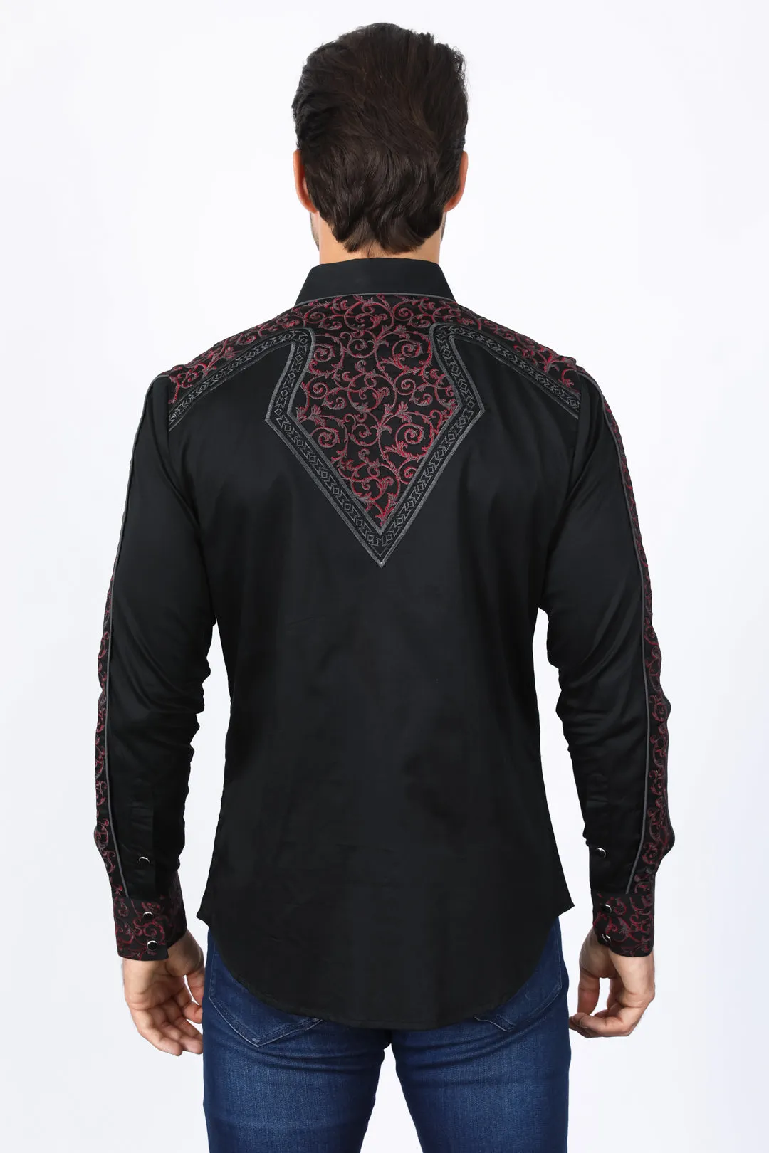 Mens Embroidery Modern Fit Stretch Black/Charcoal Long Sleeve Shirt