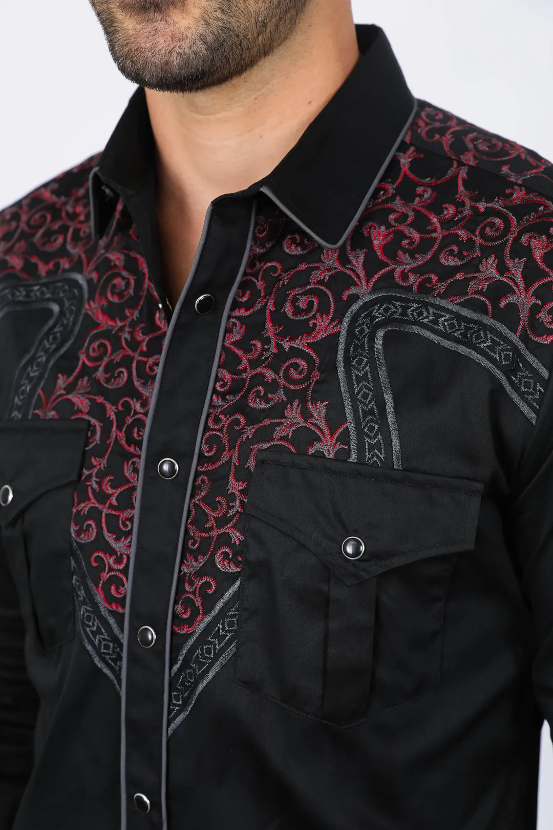 Mens Embroidery Modern Fit Stretch Black/Charcoal Long Sleeve Shirt