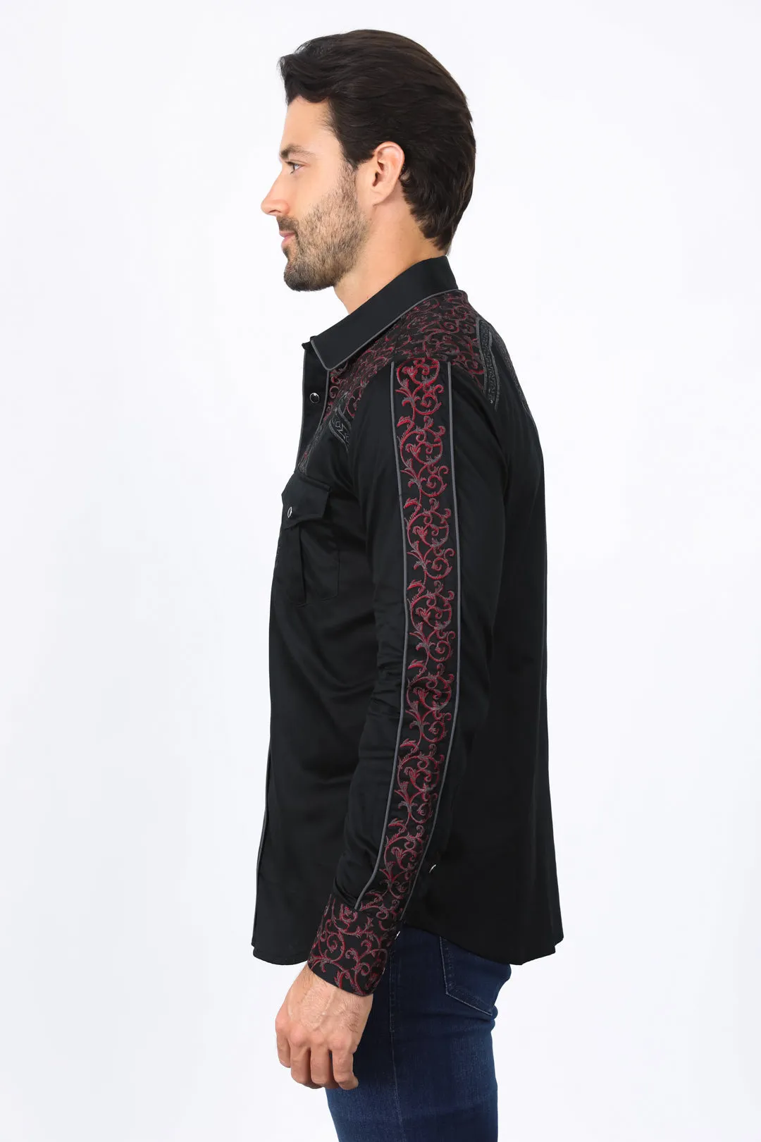 Mens Embroidery Modern Fit Stretch Black/Charcoal Long Sleeve Shirt