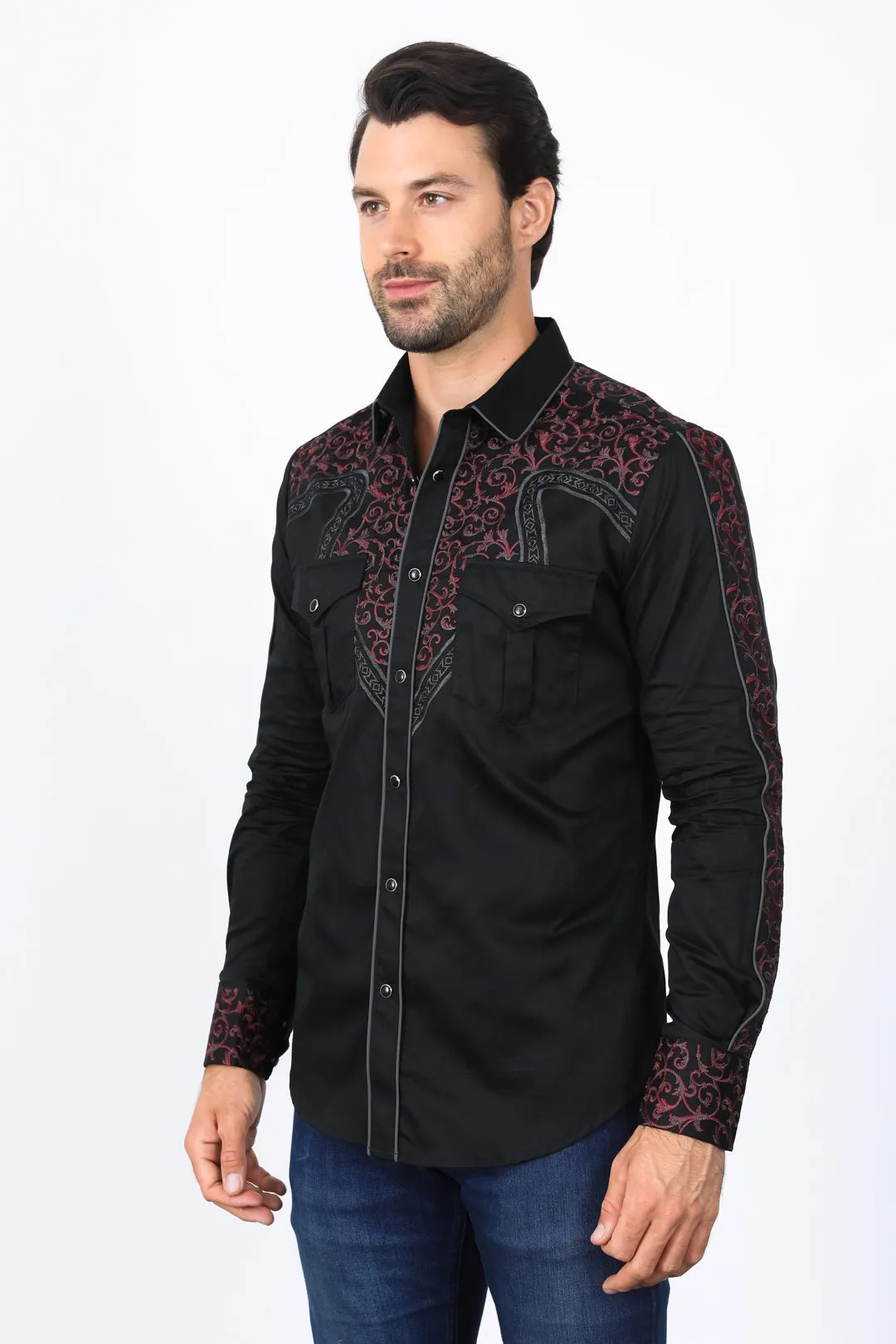 Mens Embroidery Modern Fit Stretch Black/Charcoal Long Sleeve Shirt