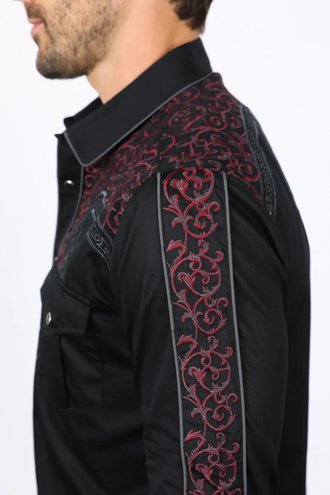 Mens Embroidery Modern Fit Stretch Black/Charcoal Long Sleeve Shirt