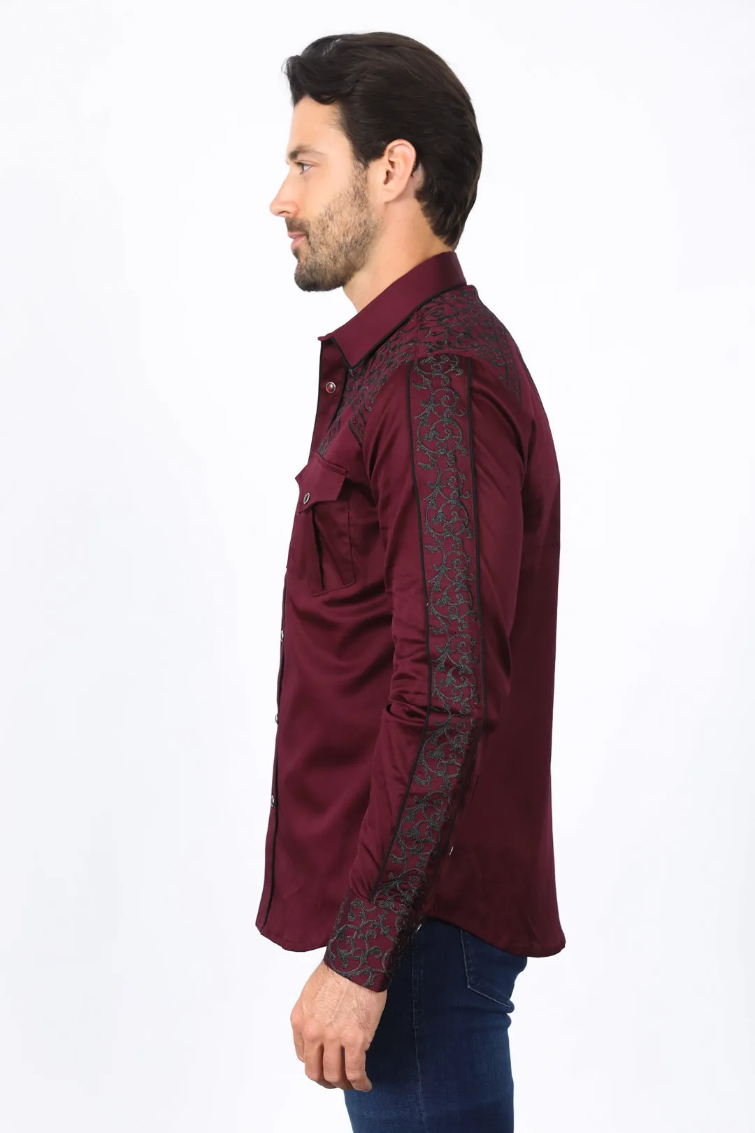 Mens Embroidery Modern Fit Stretch Burgundy Long Sleeve Shirt