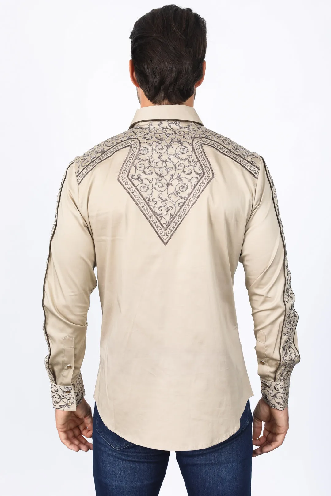 Mens Embroidery Modern Fit Stretch Khaki Long Sleeve Shirt