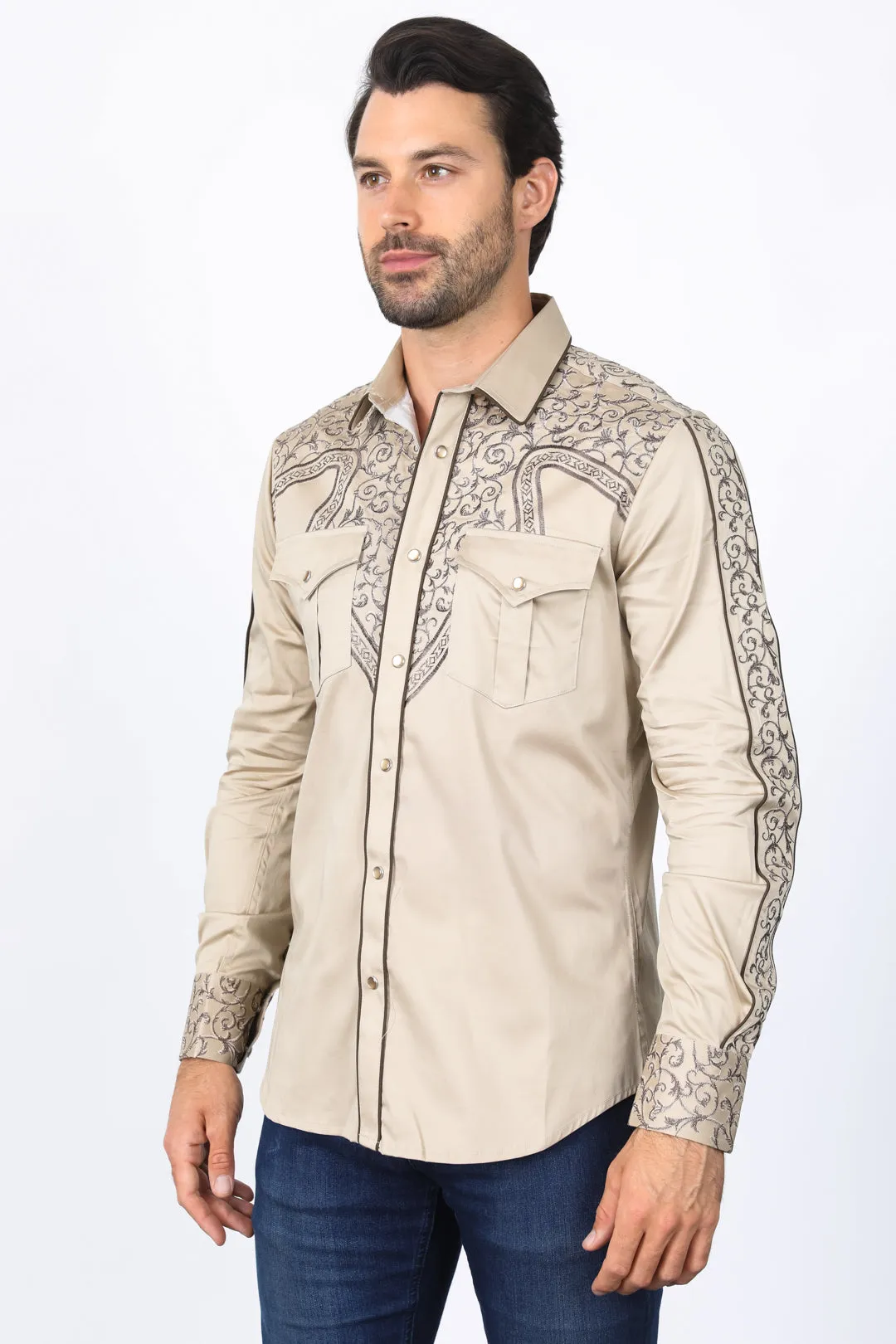 Mens Embroidery Modern Fit Stretch Khaki Long Sleeve Shirt