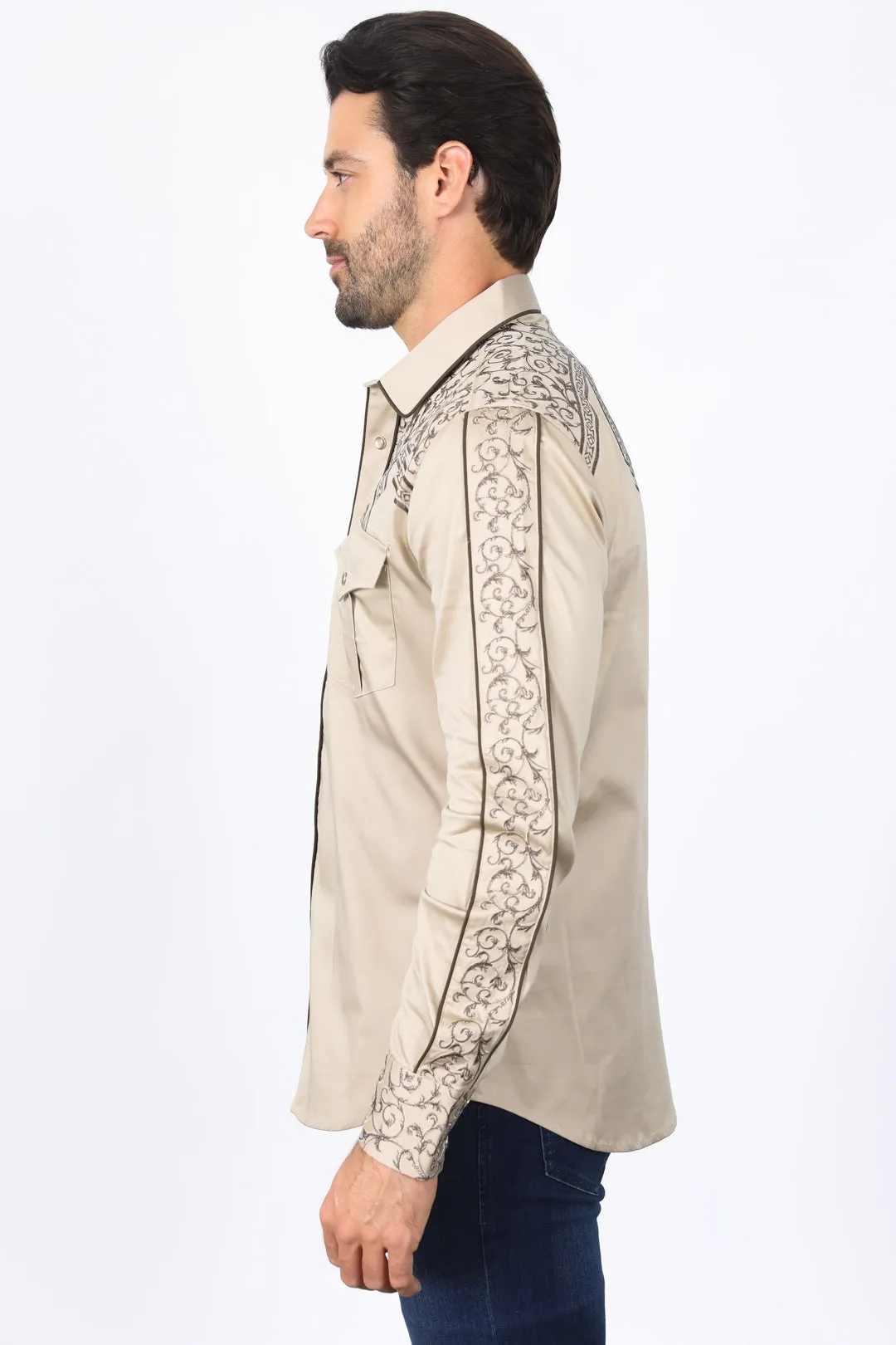 Mens Embroidery Modern Fit Stretch Khaki Long Sleeve Shirt