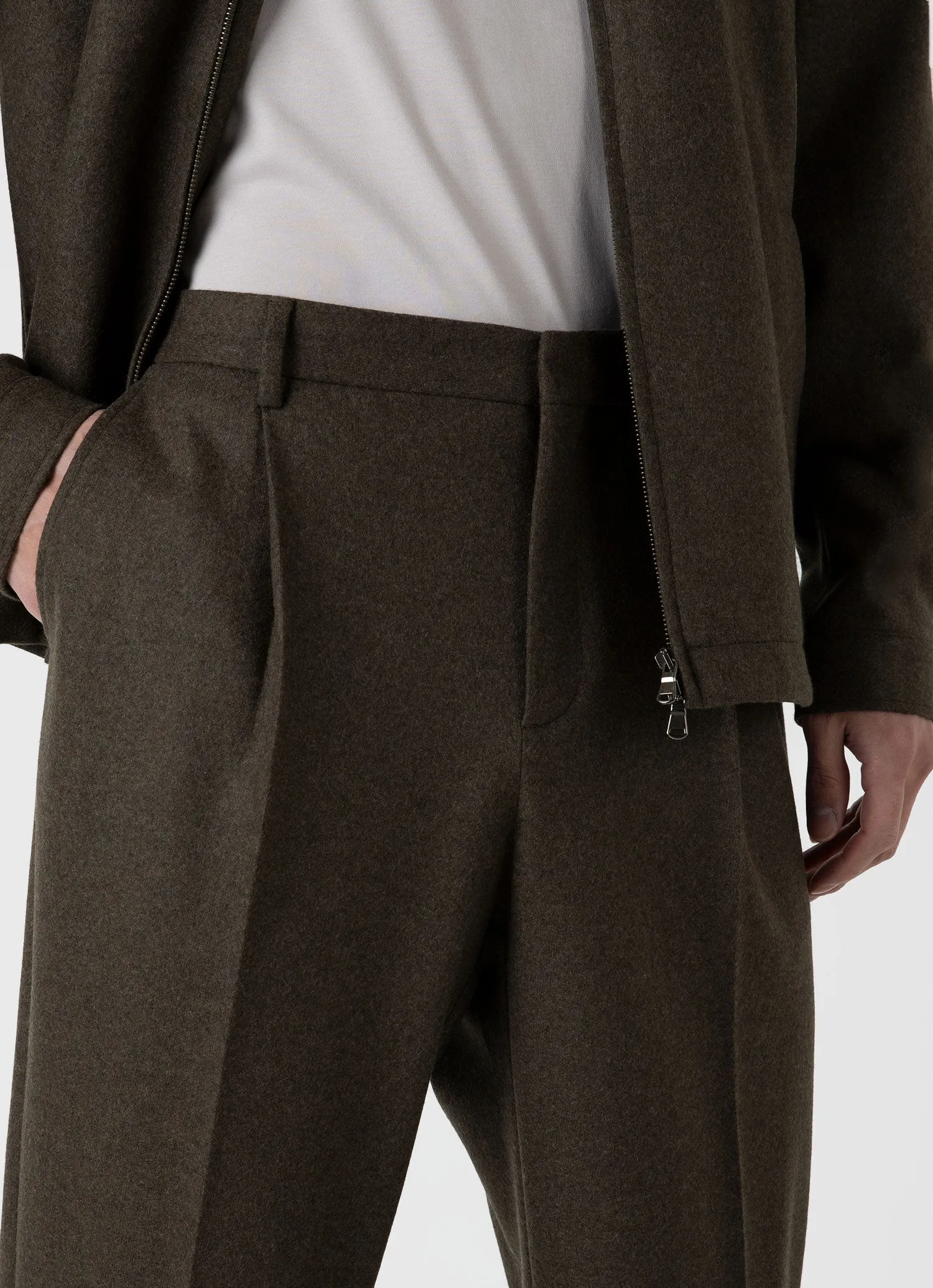 Men's Pleated Boiled Wool Trouser in Dark Khaki