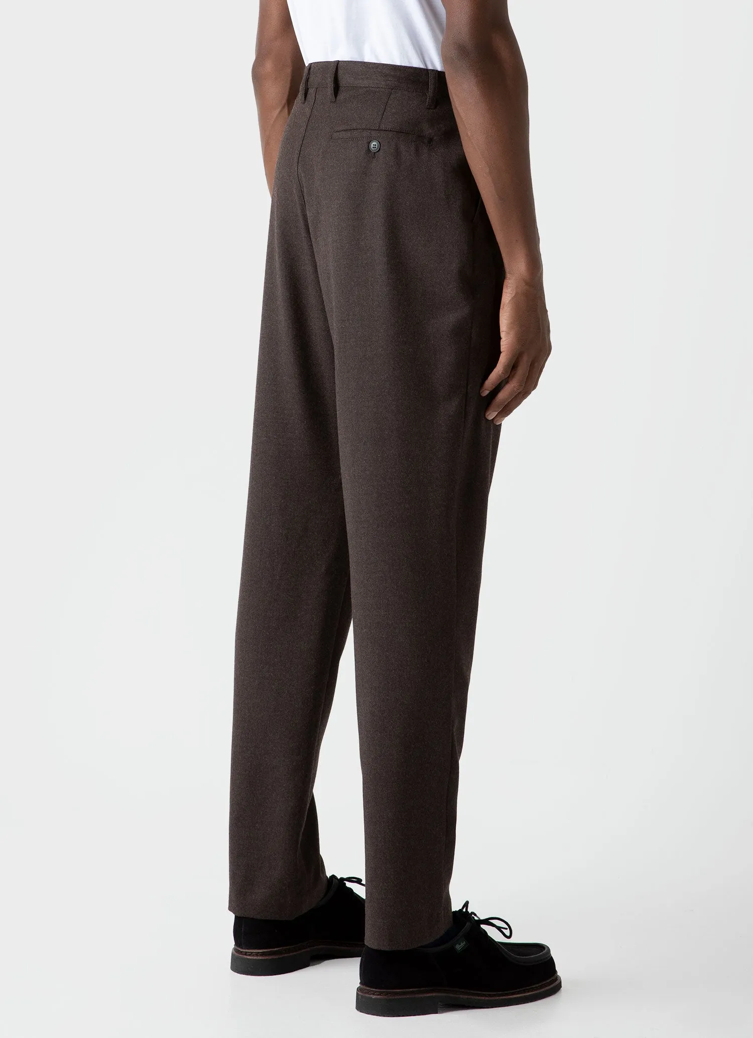 Men's Pleated Wool Flannel Trouser in Dark Brown Melange