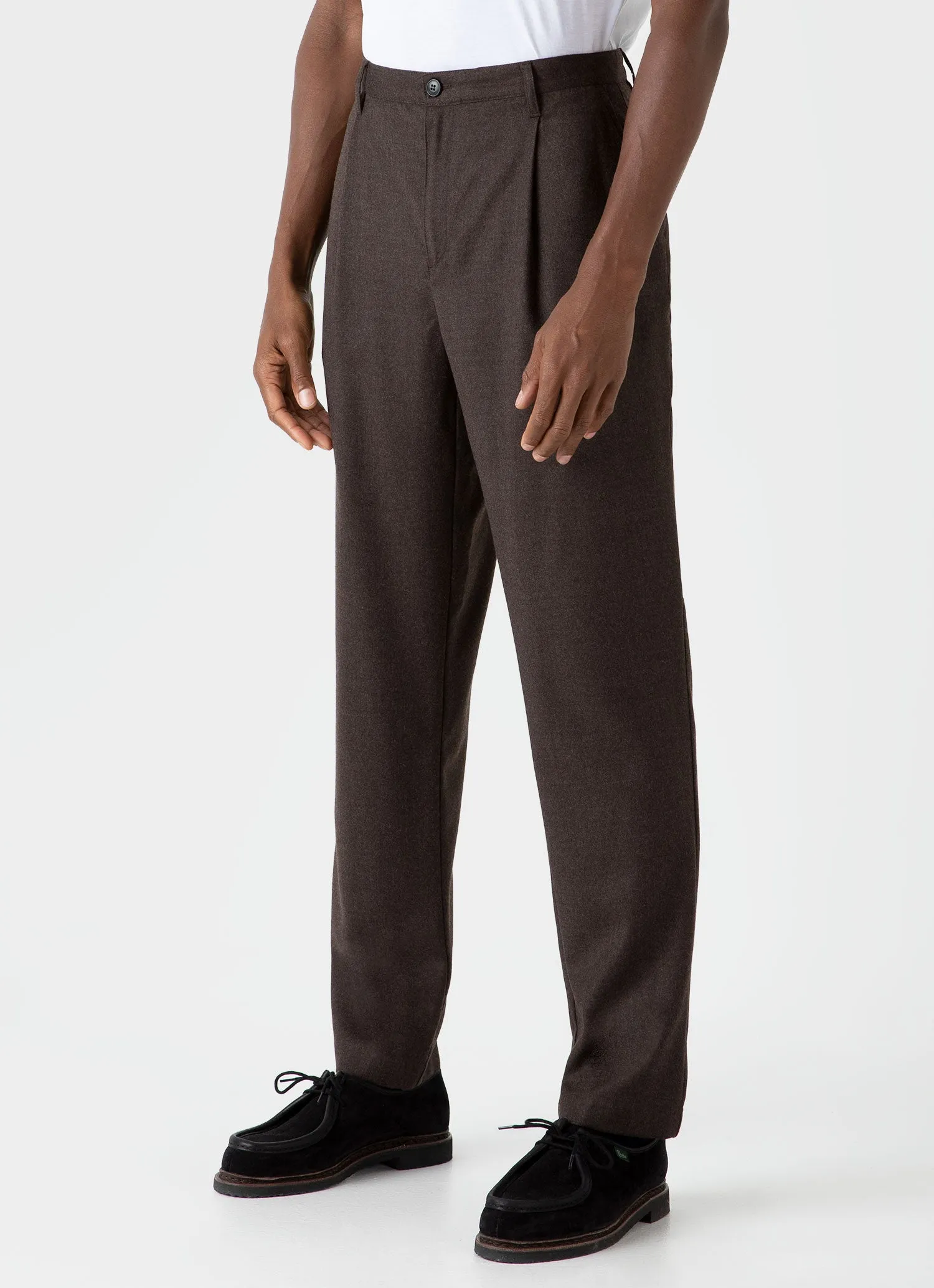 Men's Pleated Wool Flannel Trouser in Dark Brown Melange