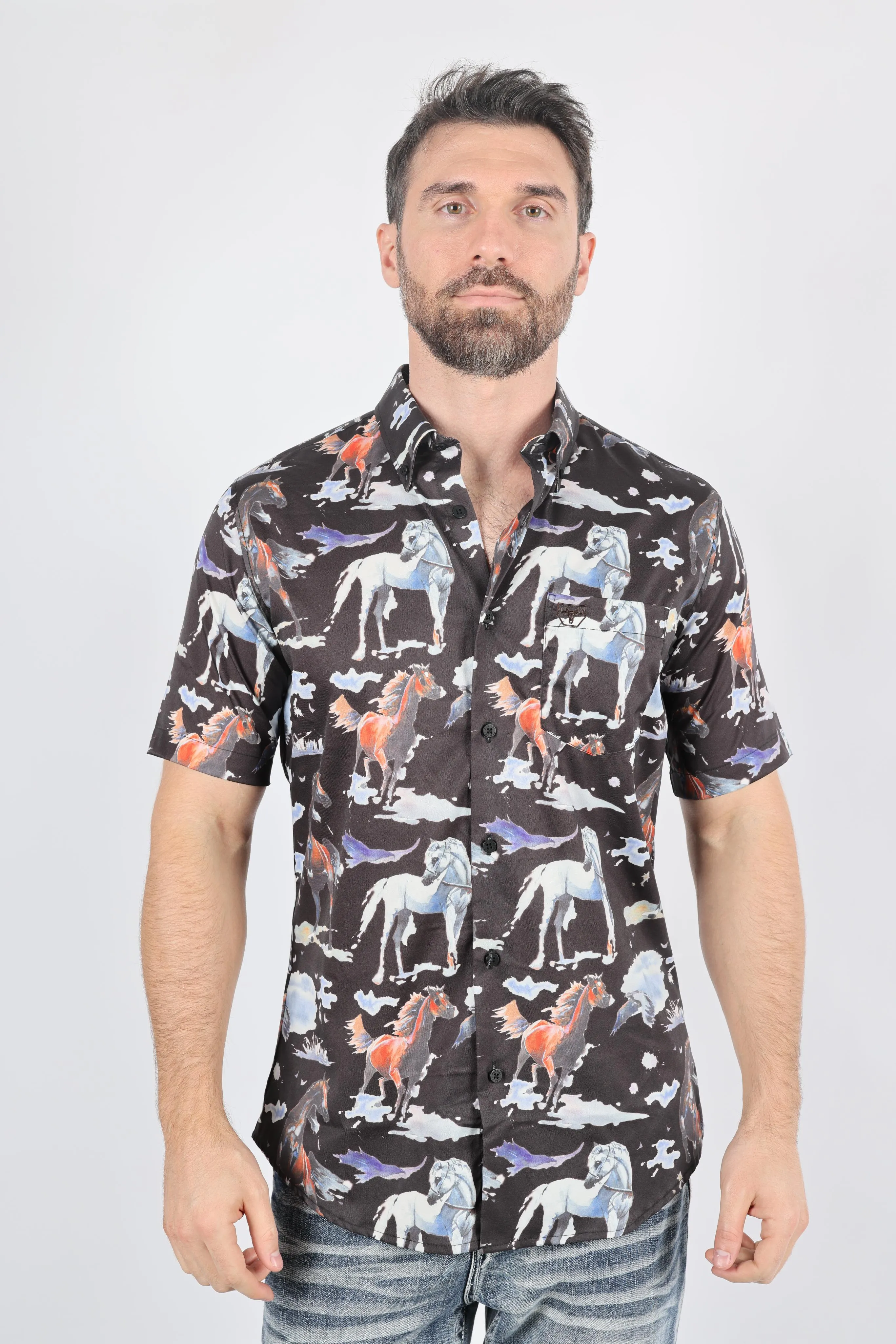 Mens Short Sleeve Modern Fit Stretch Wild Horses Print Shirt