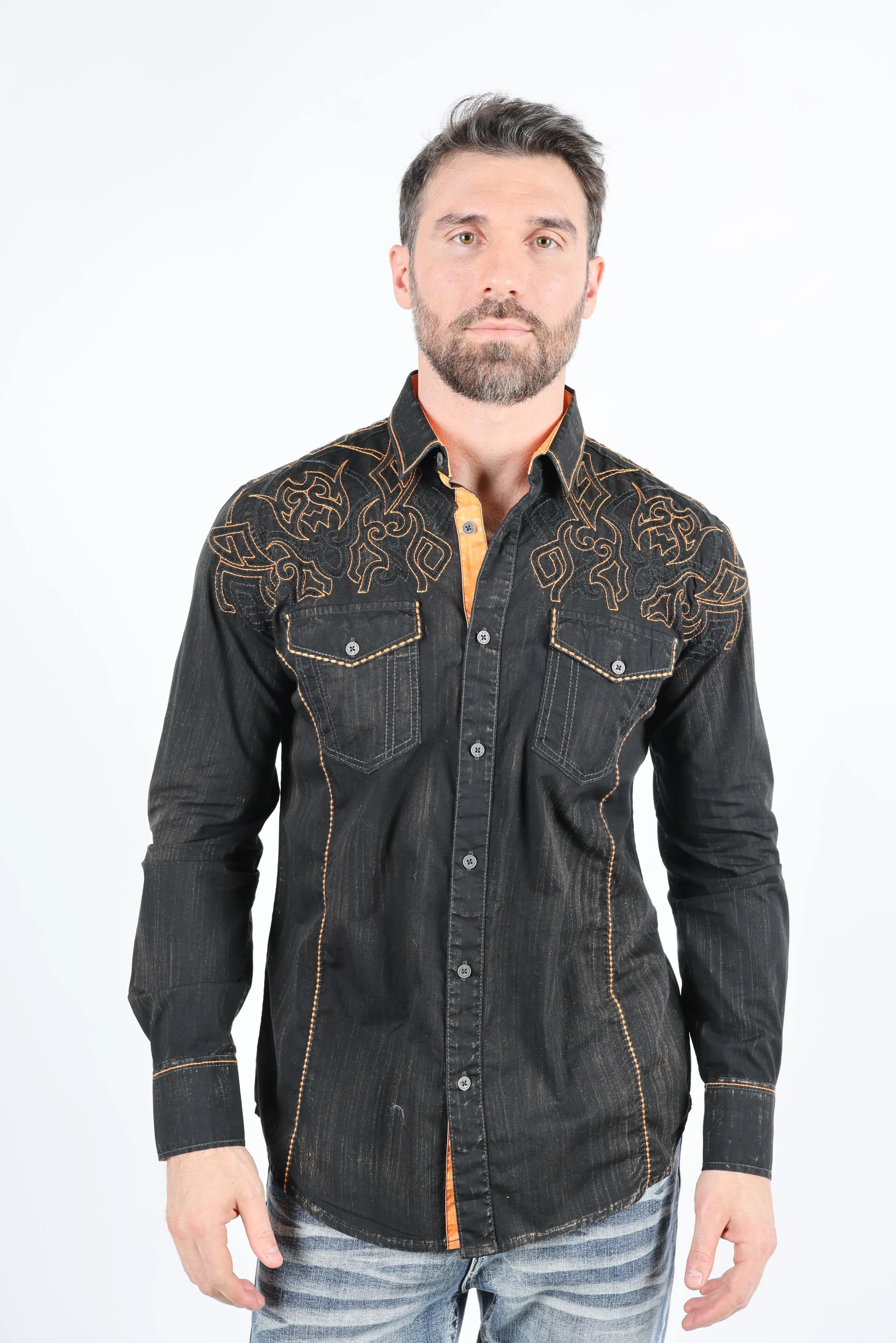 Mens Vintage Washed 2-tone Embroidery Modern Fit Stretch Shirt