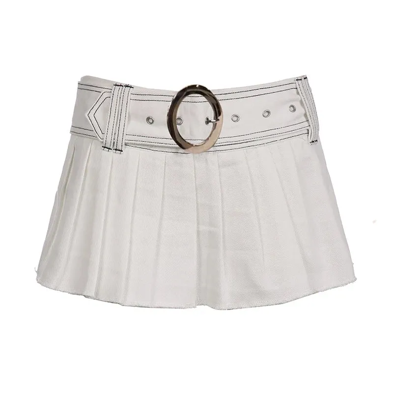 Metaversmall Streetwear White Summer Denim Skirt Women With Belt Low Waisted Hottie Sexy Pleated Skirt Mini Stitching Girls Bottom