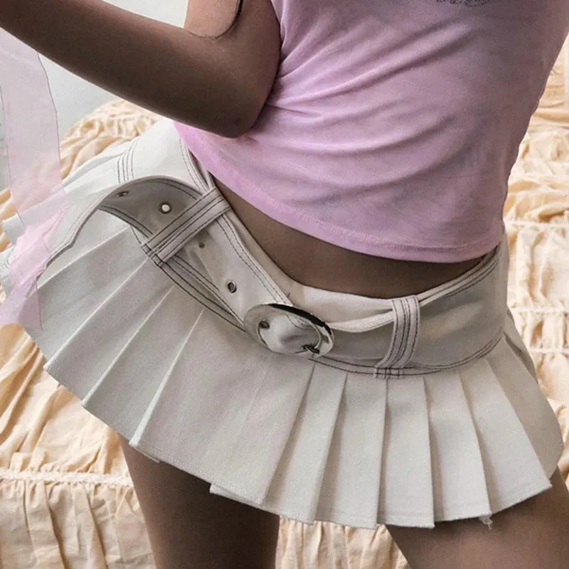 Metaversmall Streetwear White Summer Denim Skirt Women With Belt Low Waisted Hottie Sexy Pleated Skirt Mini Stitching Girls Bottom