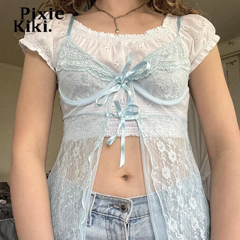 Mint Green Bow Tie Lace Mesh Patchwork Camis Top Transparent Cardigan Tank Tops Women Y2k Coquette Clothes P67-CF10