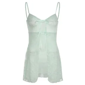 Mint Green Bow Tie Lace Mesh Patchwork Camis Top Transparent Cardigan Tank Tops Women Y2k Coquette Clothes P67-CF10