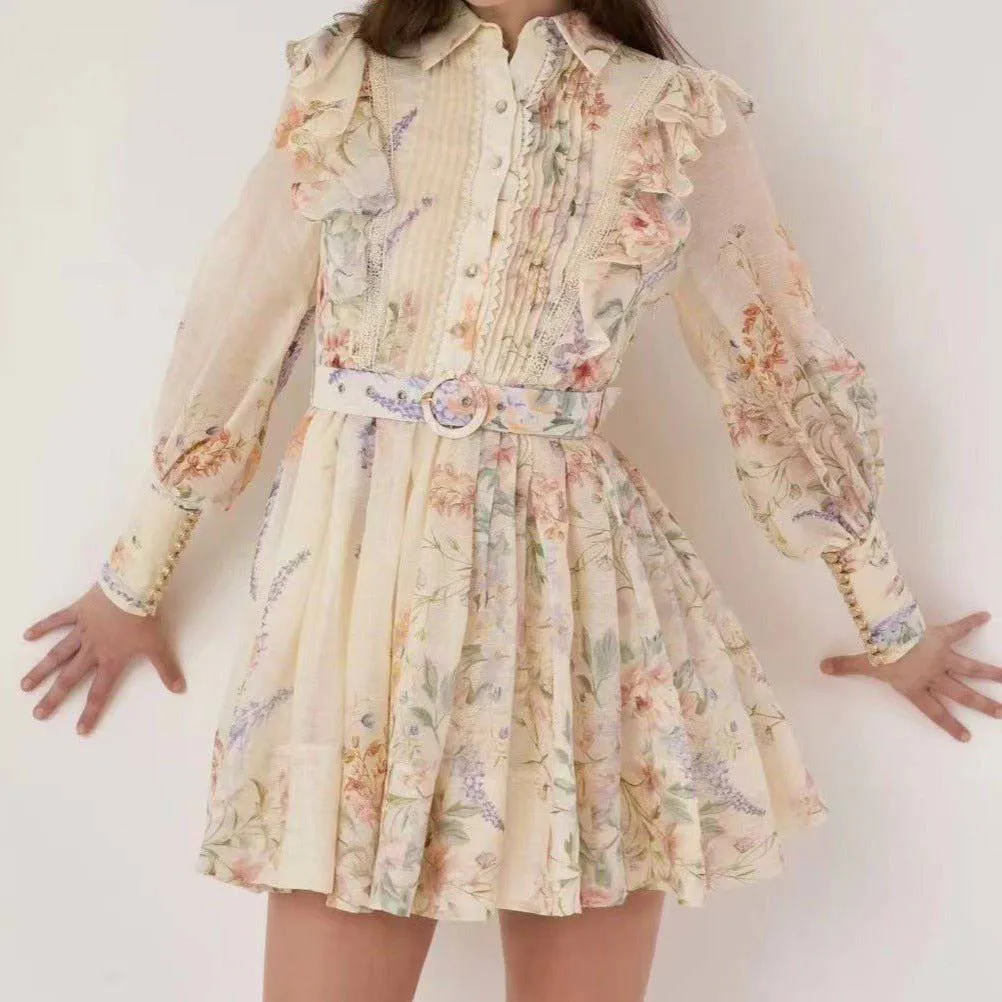 Moxie Long Sleeve Pleated Hem Floral Mini Dress