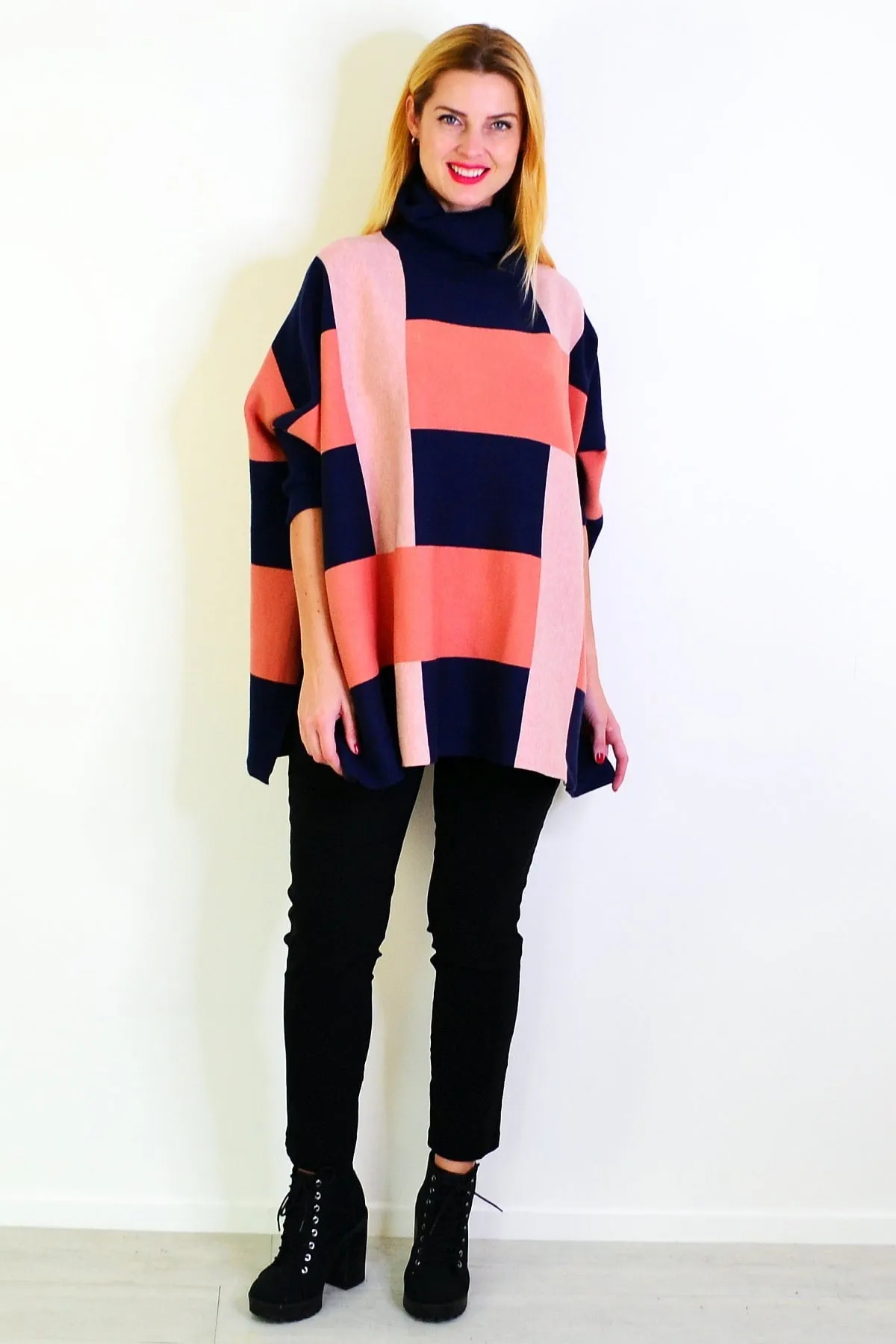 Navy Pink Free Size Cardigan Poncho