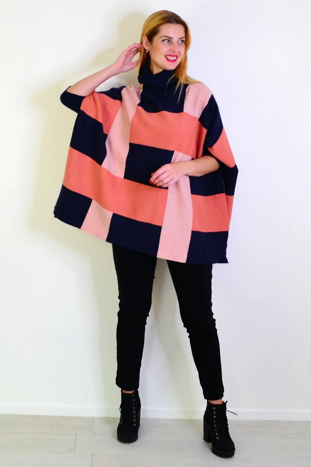 Navy Pink Free Size Cardigan Poncho