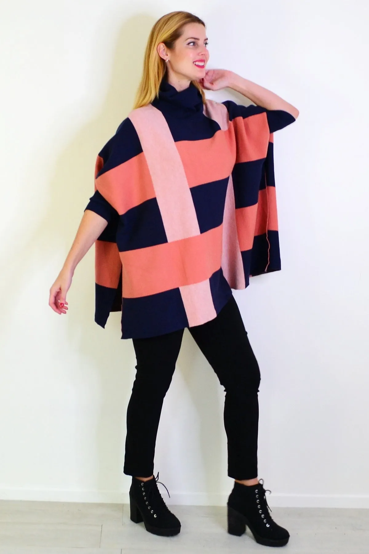 Navy Pink Free Size Cardigan Poncho