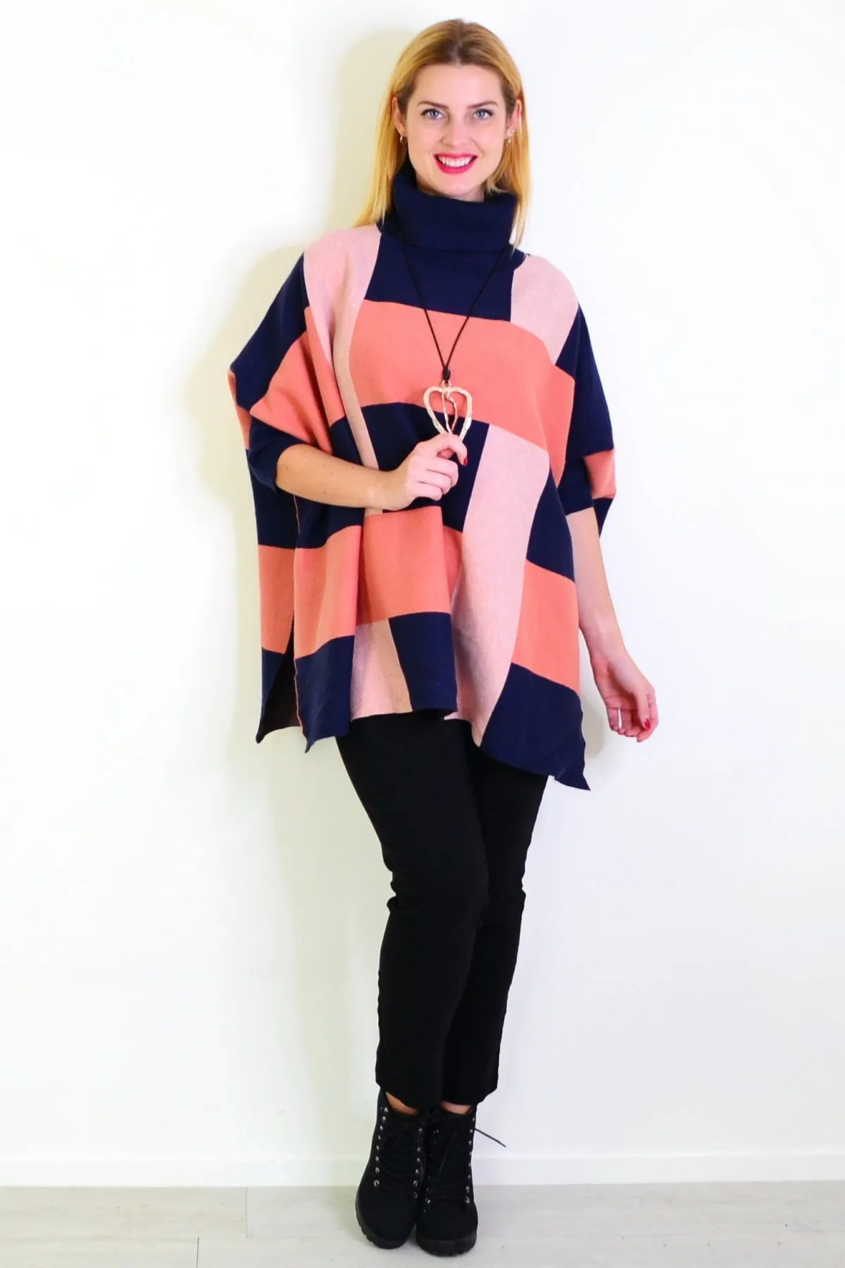 Navy Pink Free Size Cardigan Poncho