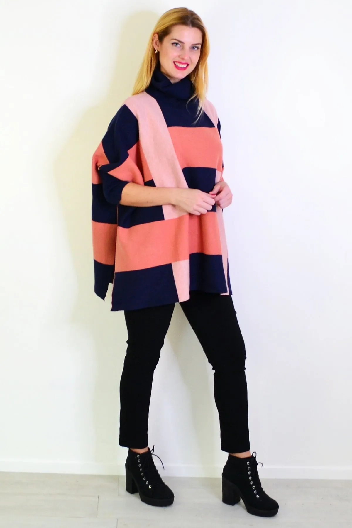 Navy Pink Free Size Cardigan Poncho