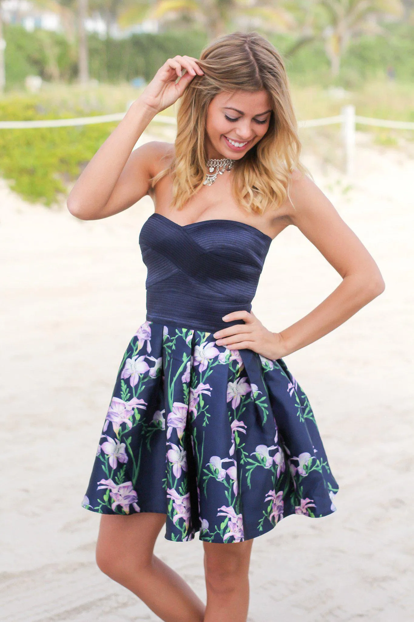 Navy Strapless Short Dress with Floral Bottom