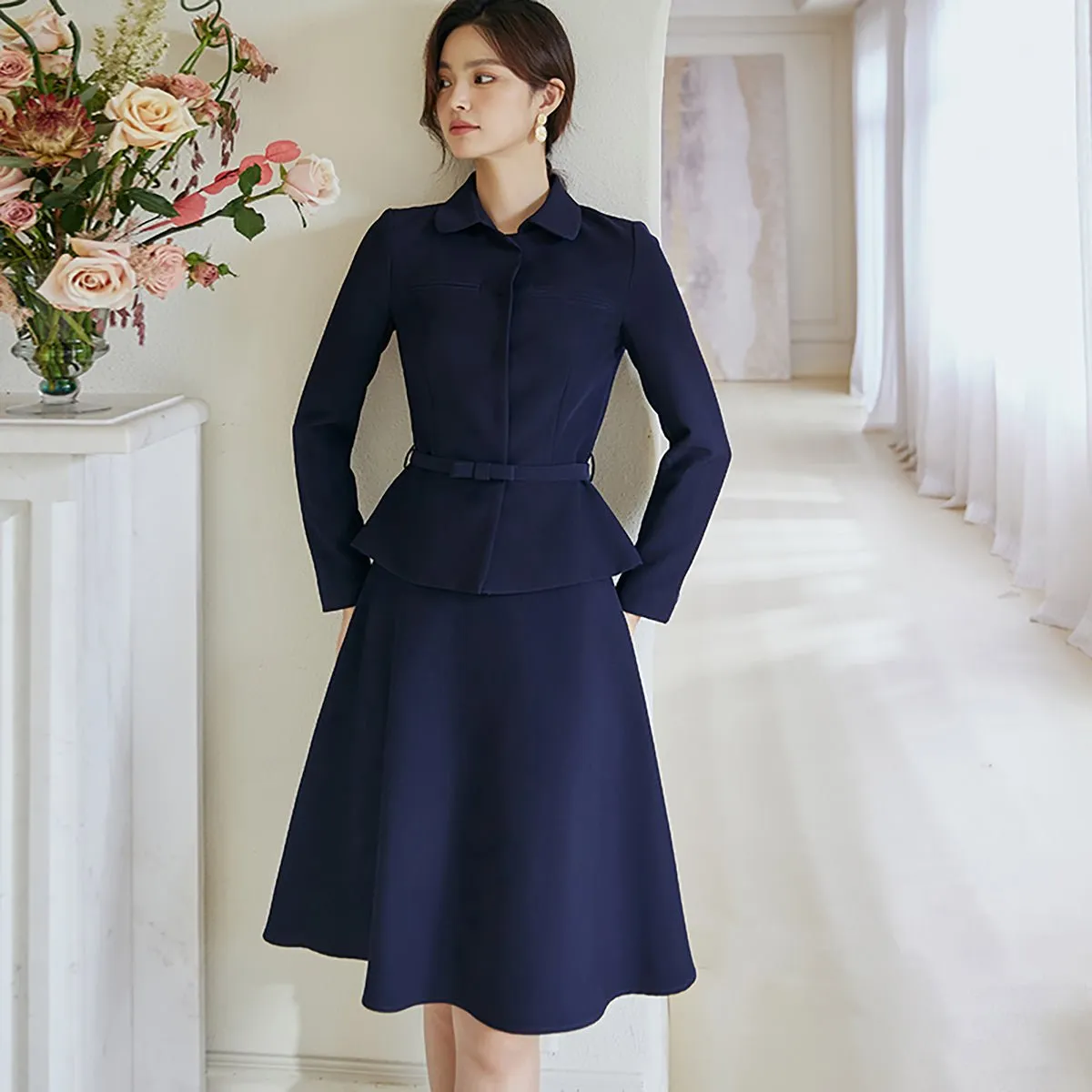 Navy Two Piece Suit Skirt Set with a Detachable Belt