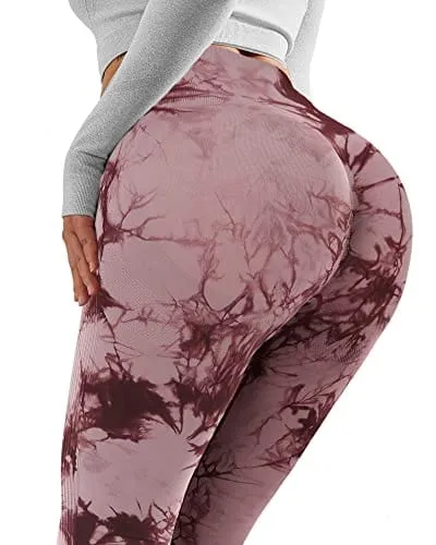 NORMOV Butt Lifting Workout Leggings for Women, Seamless High Waist Gym Yoga Pants Tie Dye Red