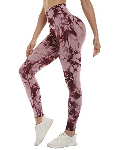 NORMOV Butt Lifting Workout Leggings for Women, Seamless High Waist Gym Yoga Pants Tie Dye Red