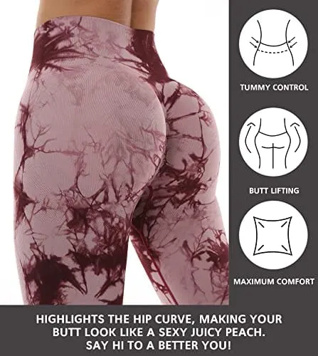 NORMOV Butt Lifting Workout Leggings for Women, Seamless High Waist Gym Yoga Pants Tie Dye Red