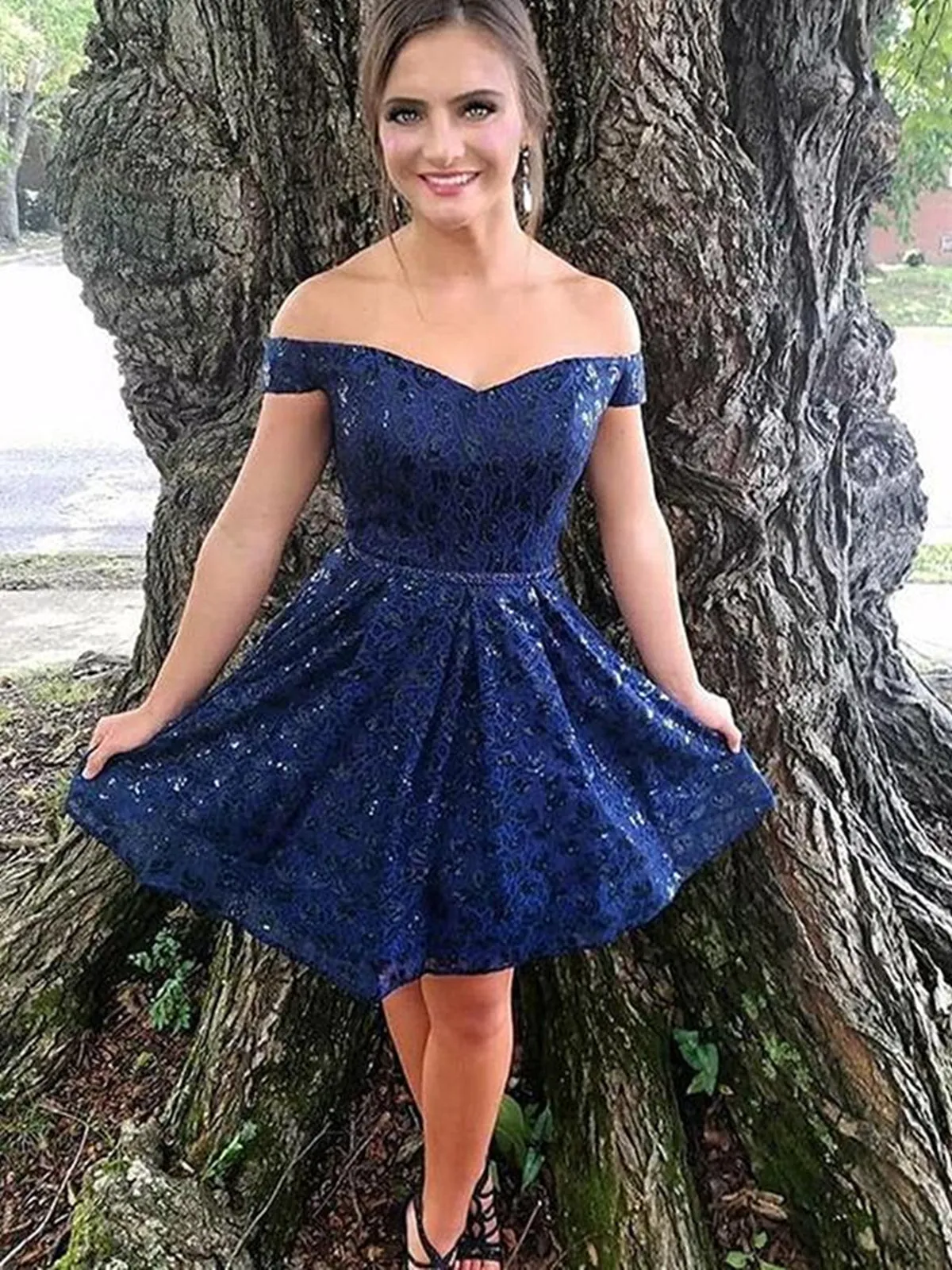 Off Shoulder Short Navy Blue Lace Prom, Short Navy Blue Lace Formal Homecoming