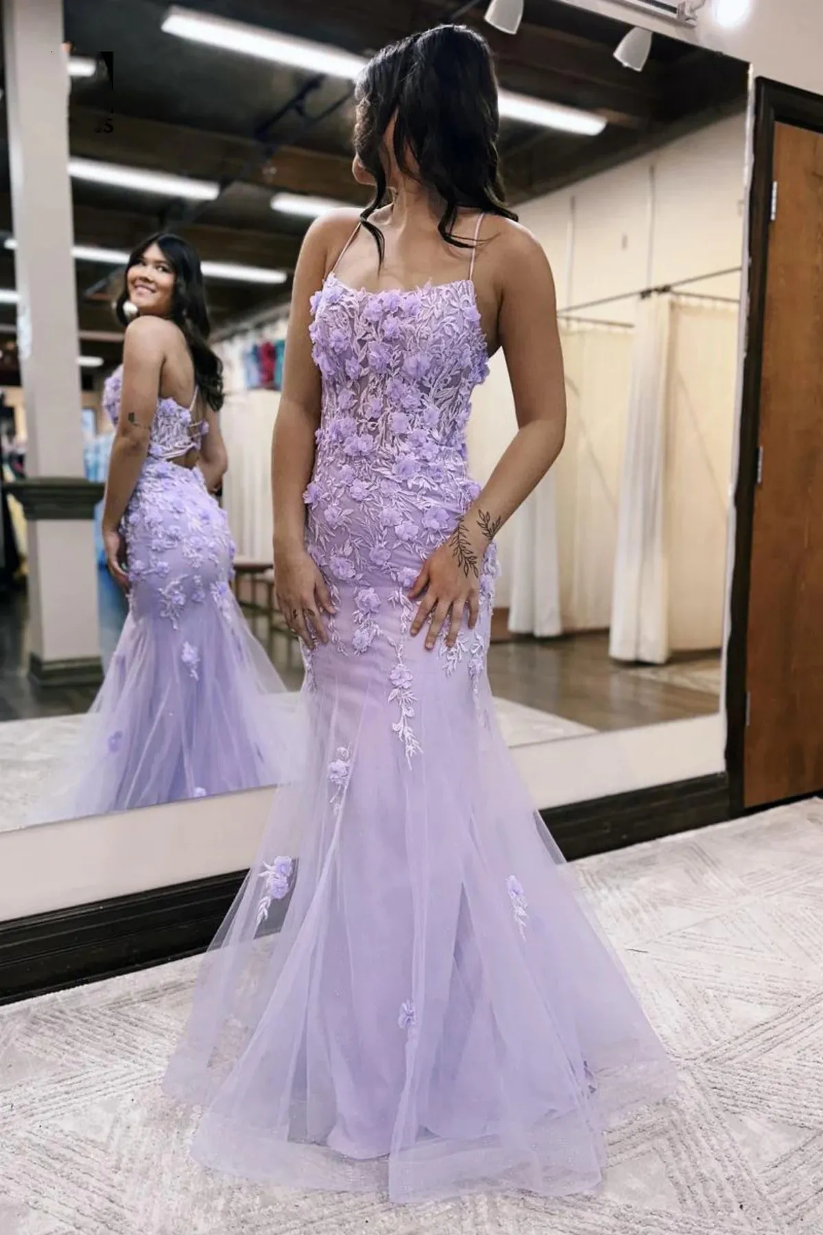 Open Back Mermaid Lilac Lace Floral Long Prom Dress, Mermaid Lilac Formal Dress, Lilac Lace Evening Dress A2038