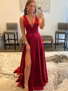 Open Back V Neck Burgundy Long Prom Dresses with High Slit, V Neck Burgundy Formal Graduation Evening Dresses