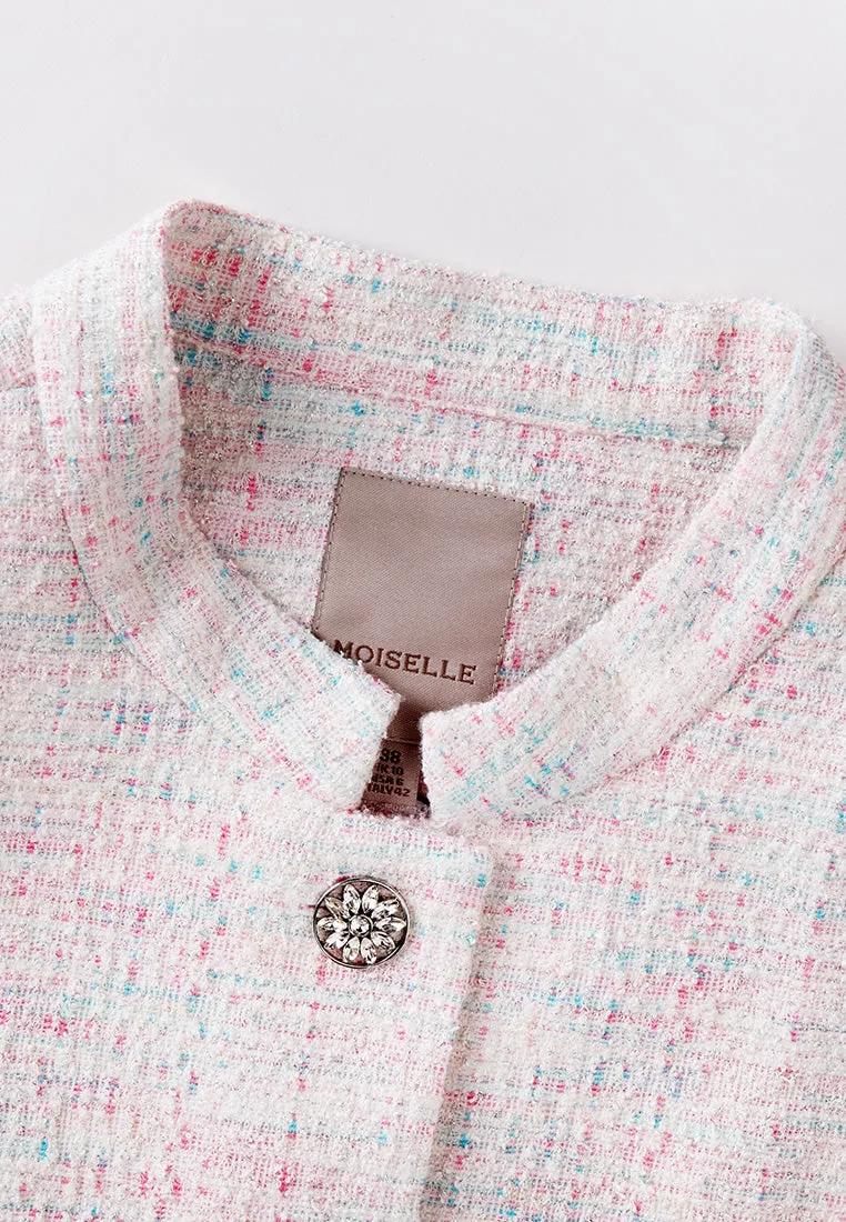 Pink Stand Collar Stretch Tweed Jacket