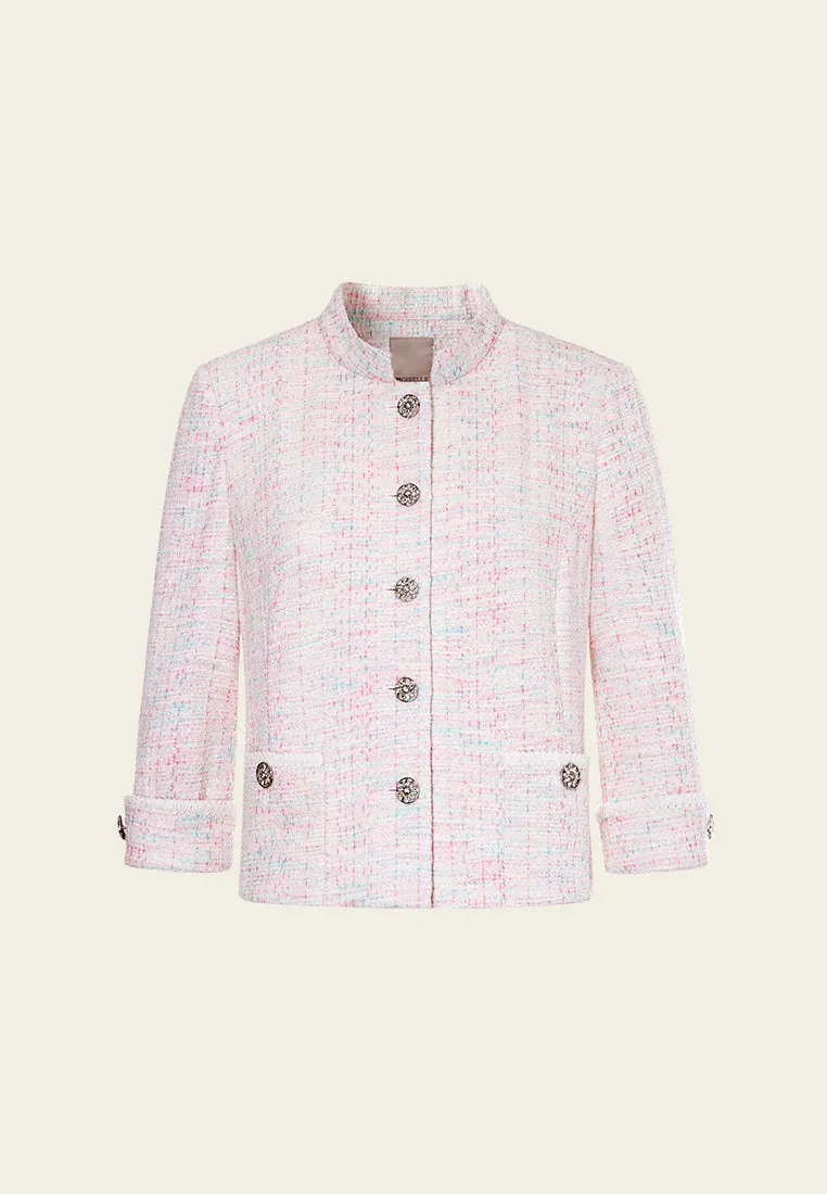 Pink Stand Collar Stretch Tweed Jacket