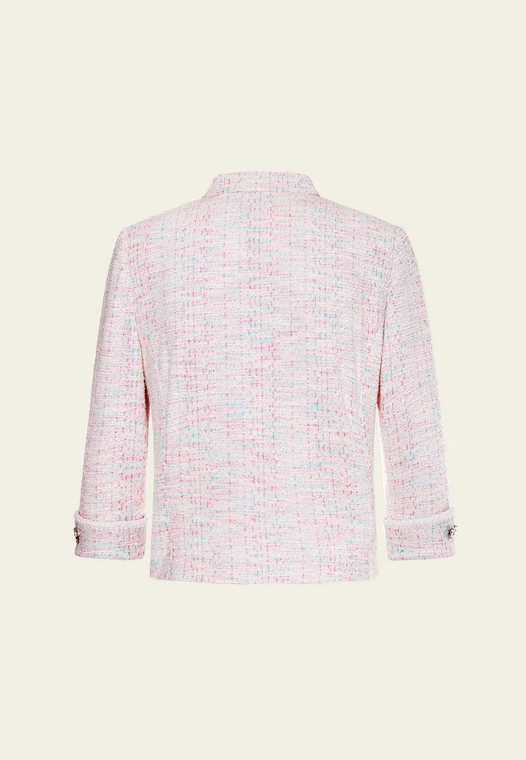 Pink Stand Collar Stretch Tweed Jacket