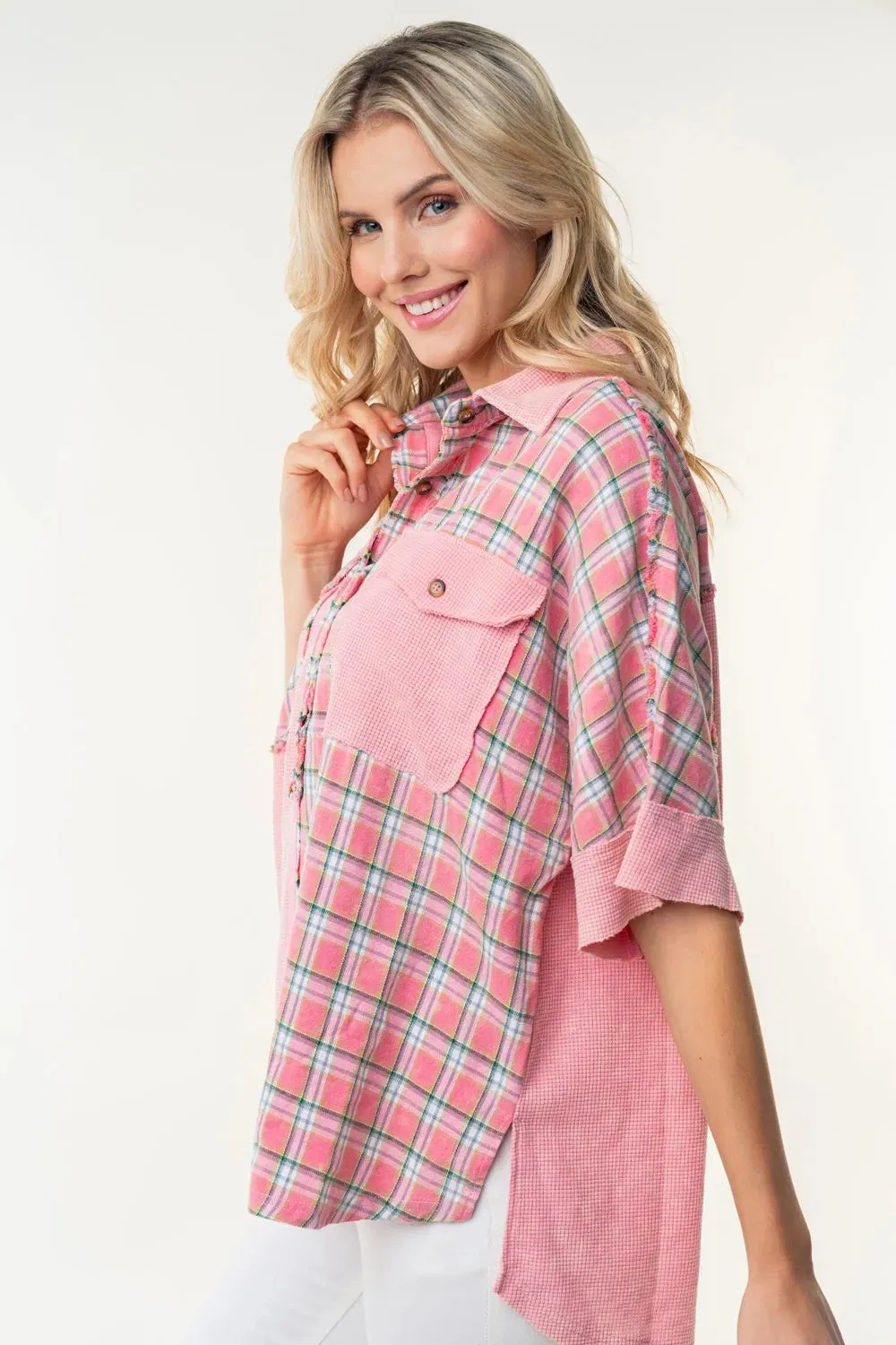 Plaid Color Block Half Button Top