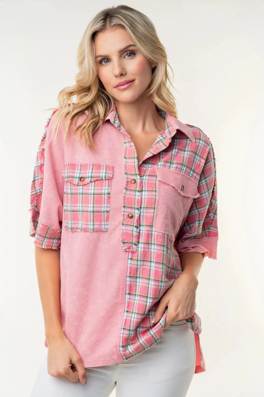 Plaid Color Block Half Button Top