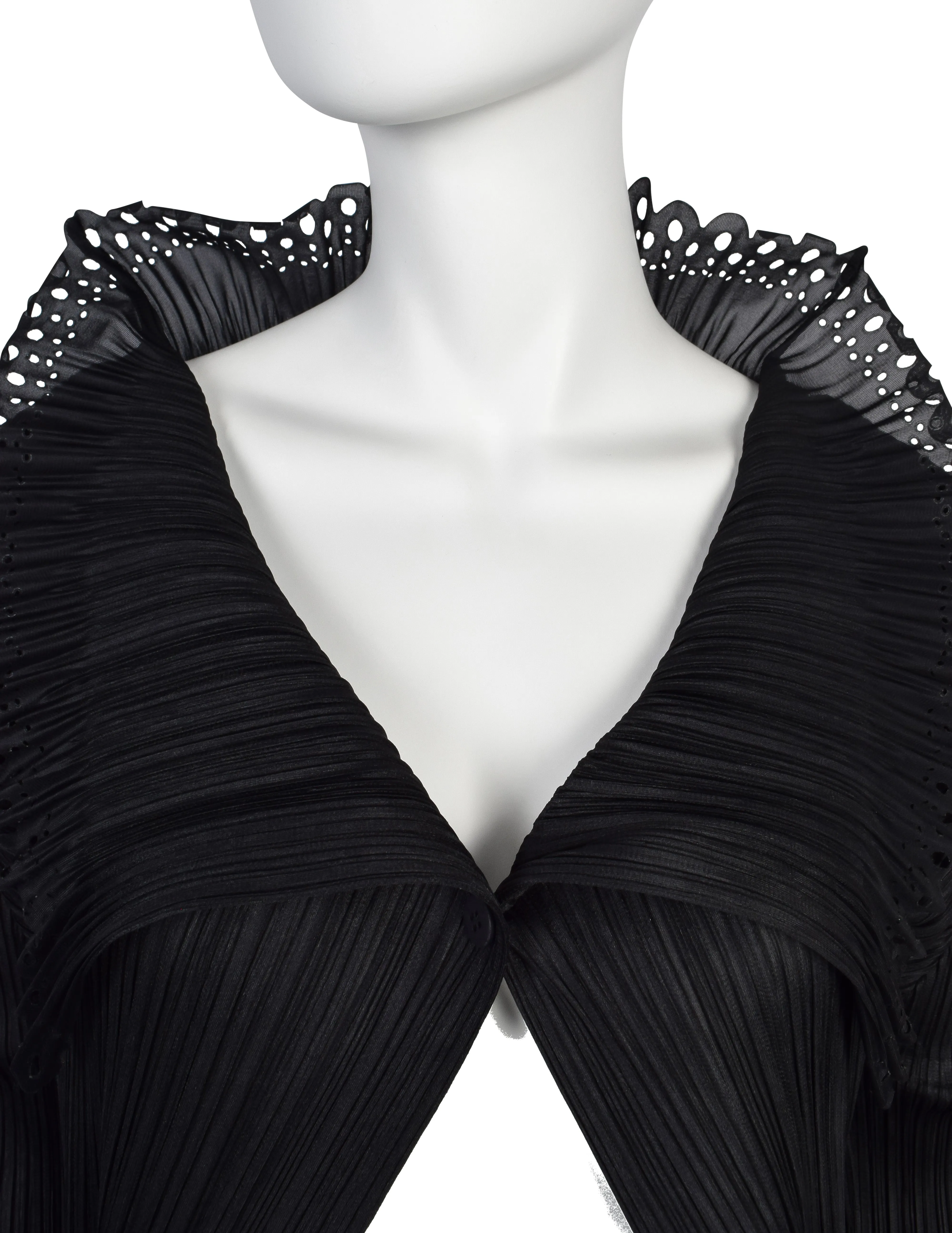 Pleats Please Vintage Black 'Lace' Collar Pleated Cardigan Top