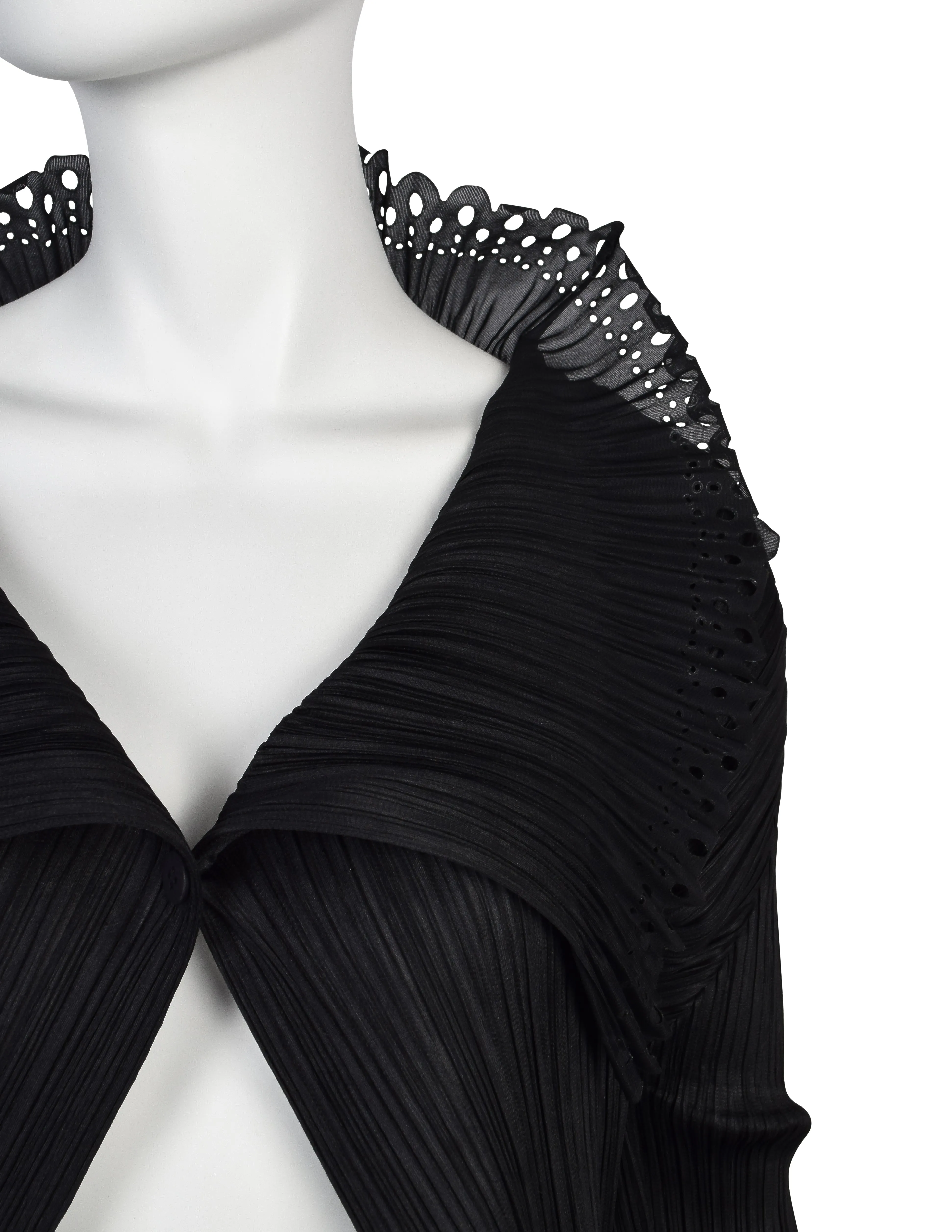 Pleats Please Vintage Black 'Lace' Collar Pleated Cardigan Top