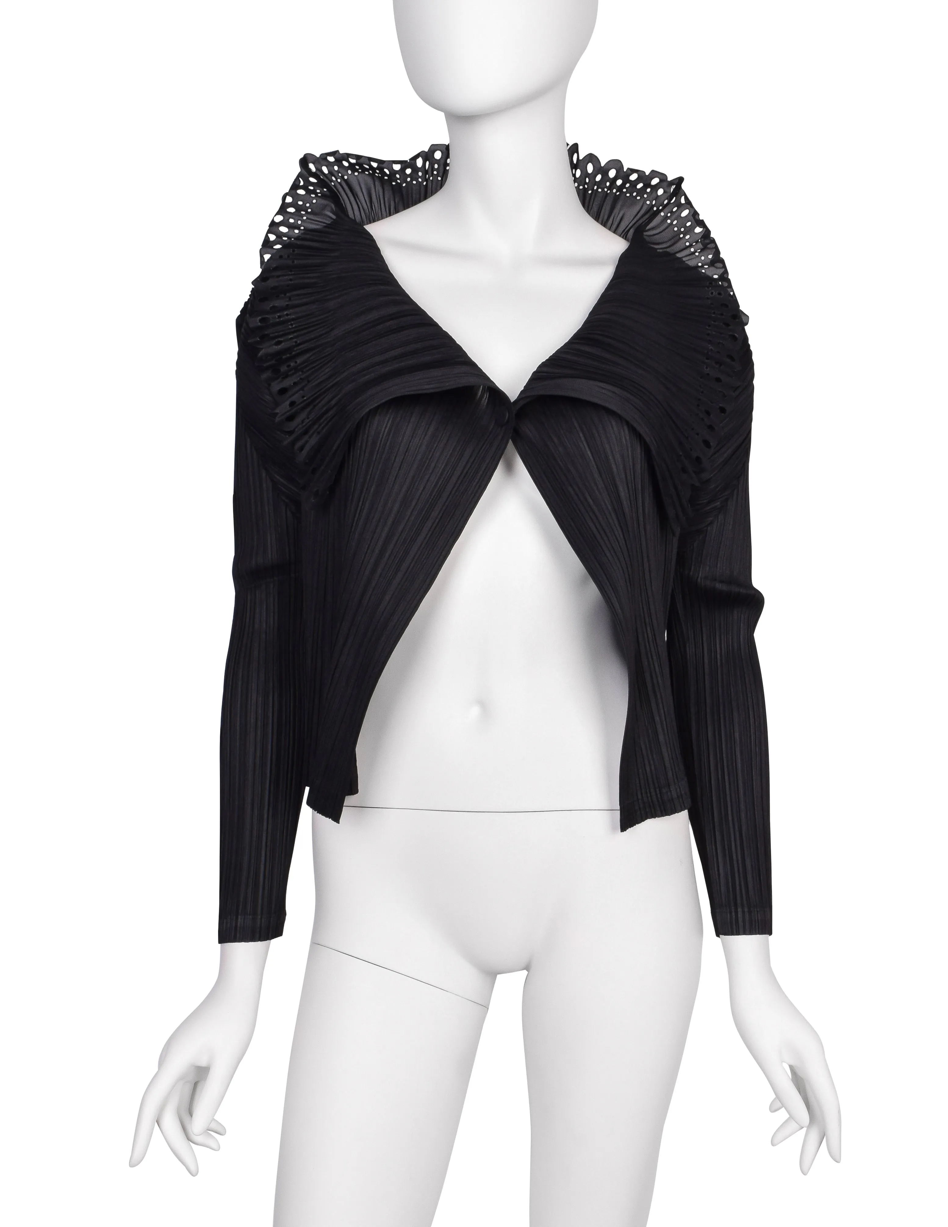 Pleats Please Vintage Black 'Lace' Collar Pleated Cardigan Top