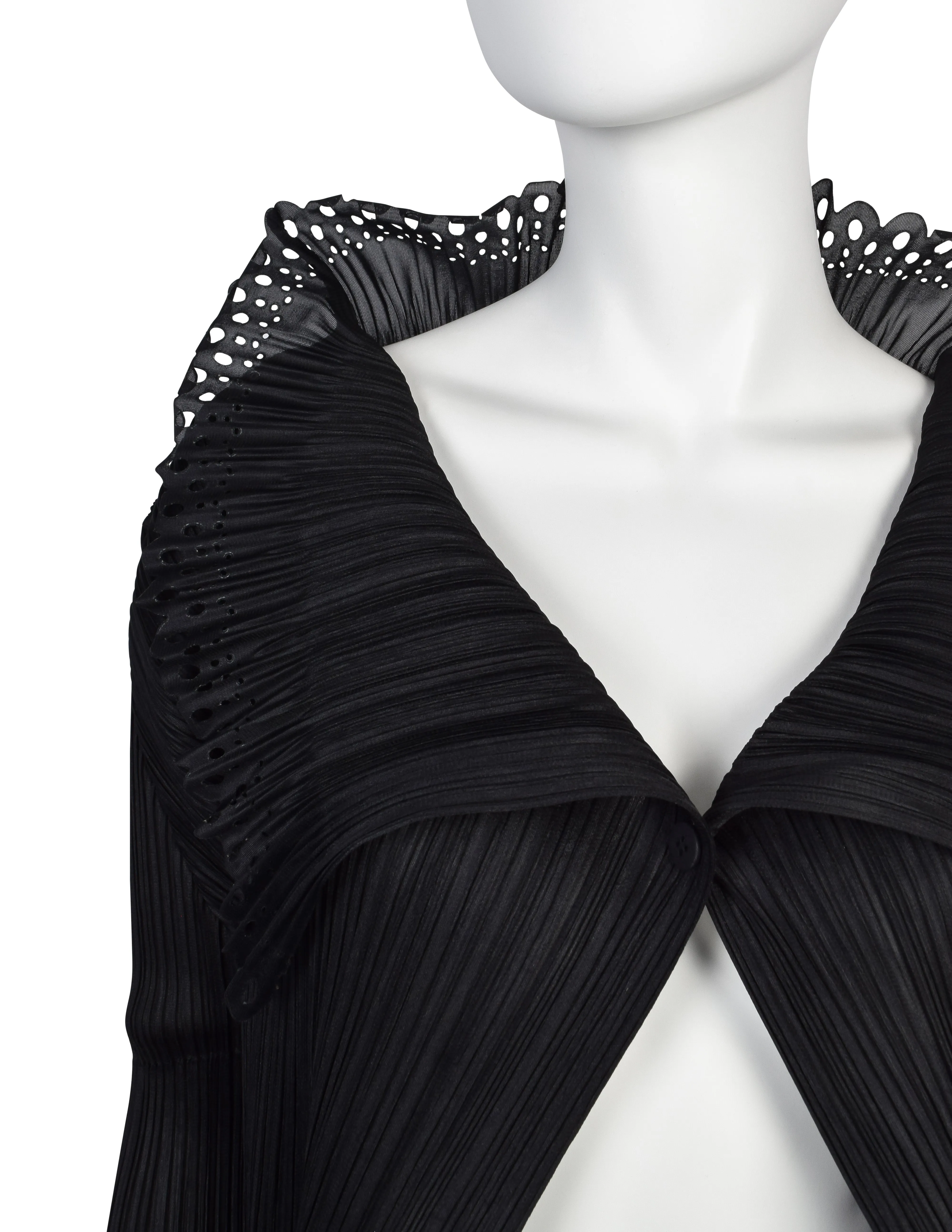 Pleats Please Vintage Black 'Lace' Collar Pleated Cardigan Top