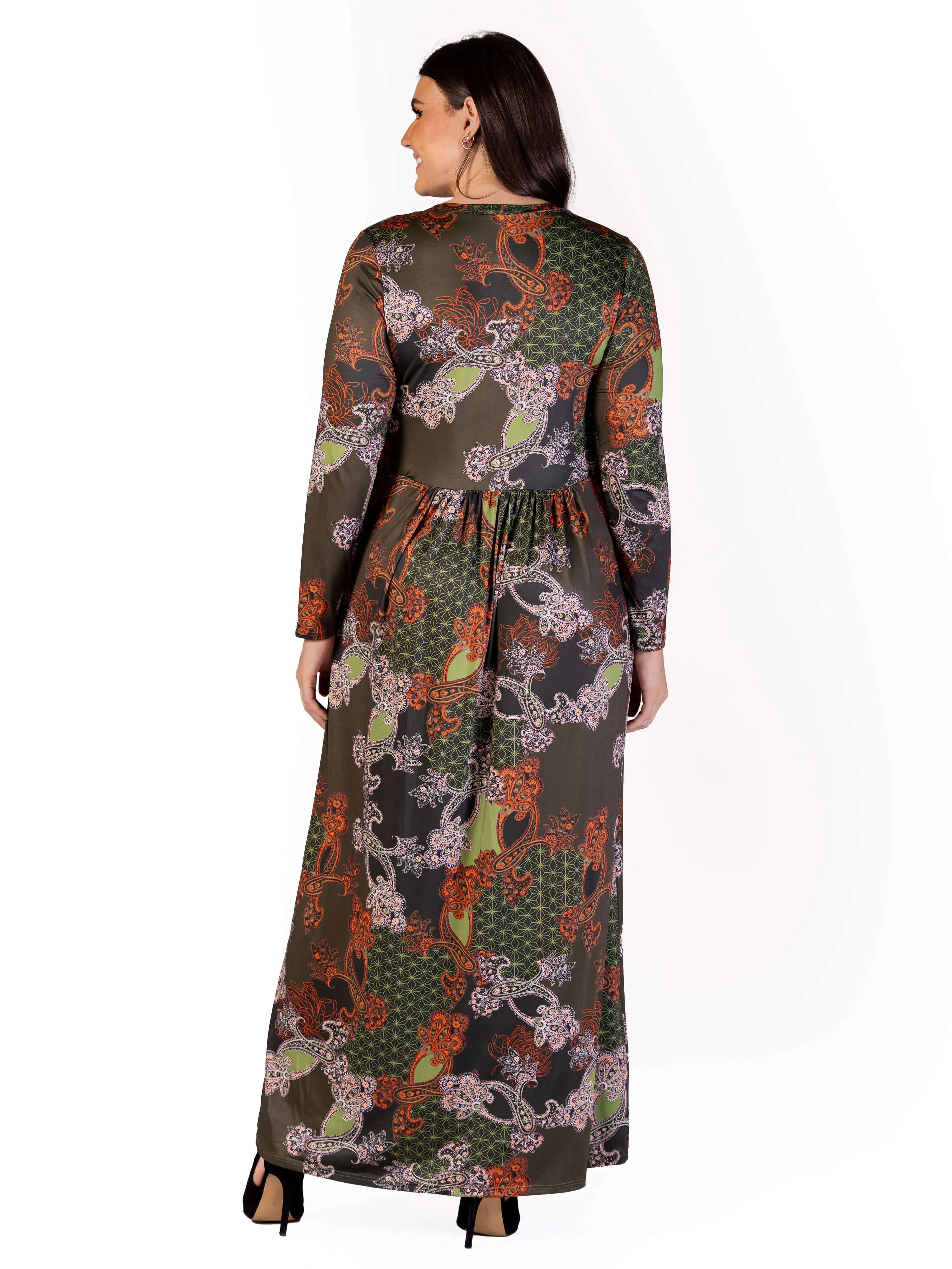 Plus Size Green Long Sleeve Empire Waist Pocket Maxi Dress