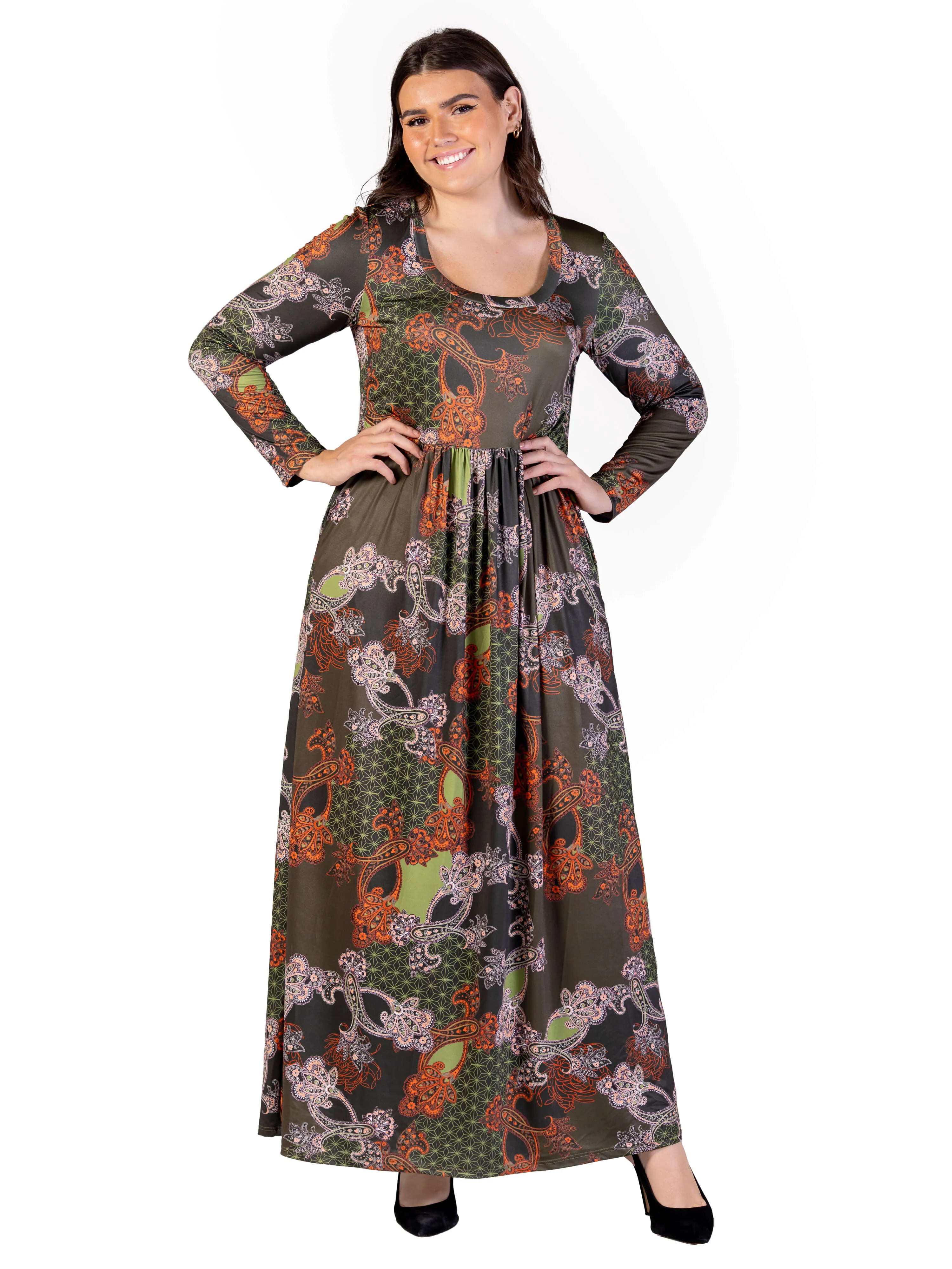 Plus Size Green Long Sleeve Empire Waist Pocket Maxi Dress